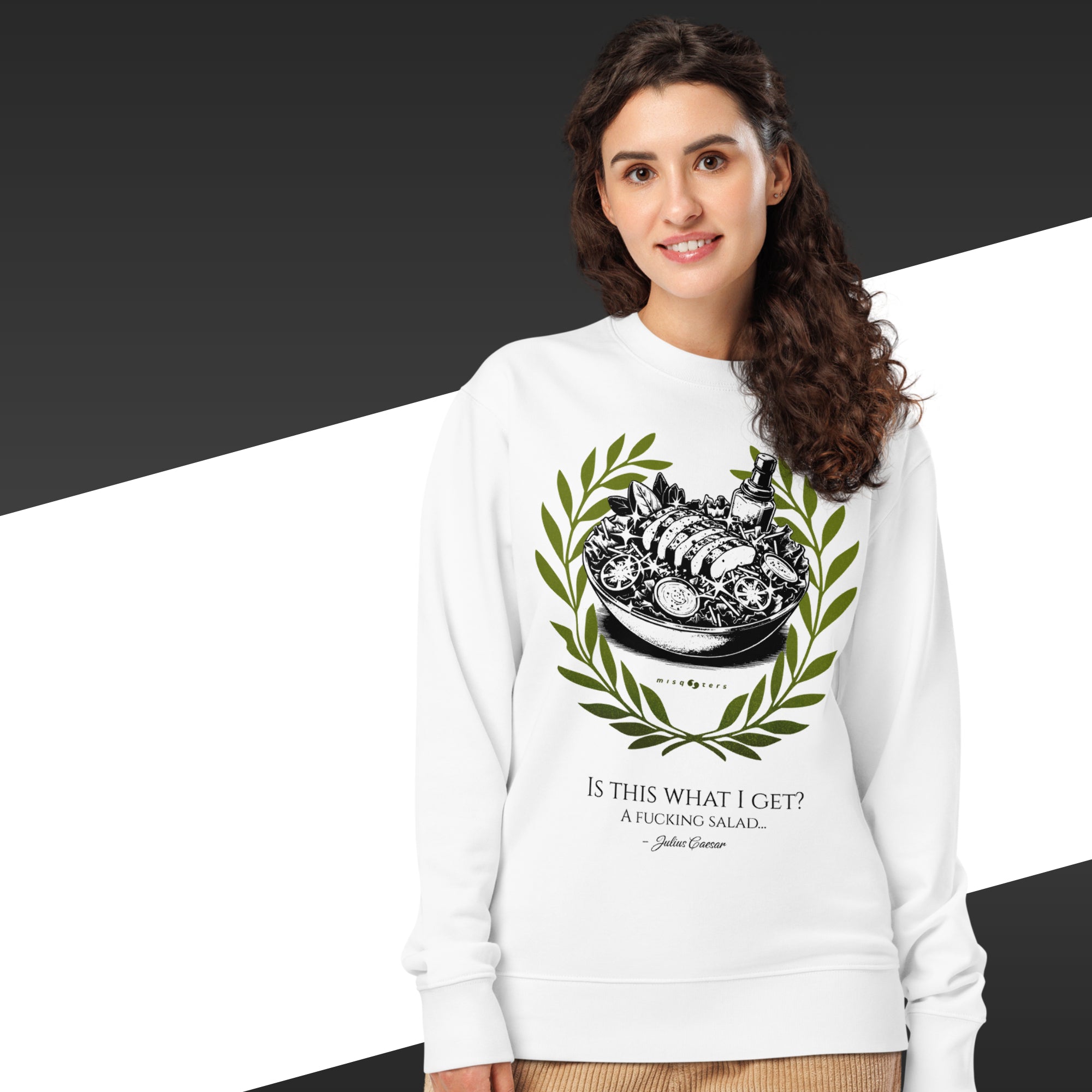 Woman wearing a white sweatshirt with a graphic design and text on a black and white background