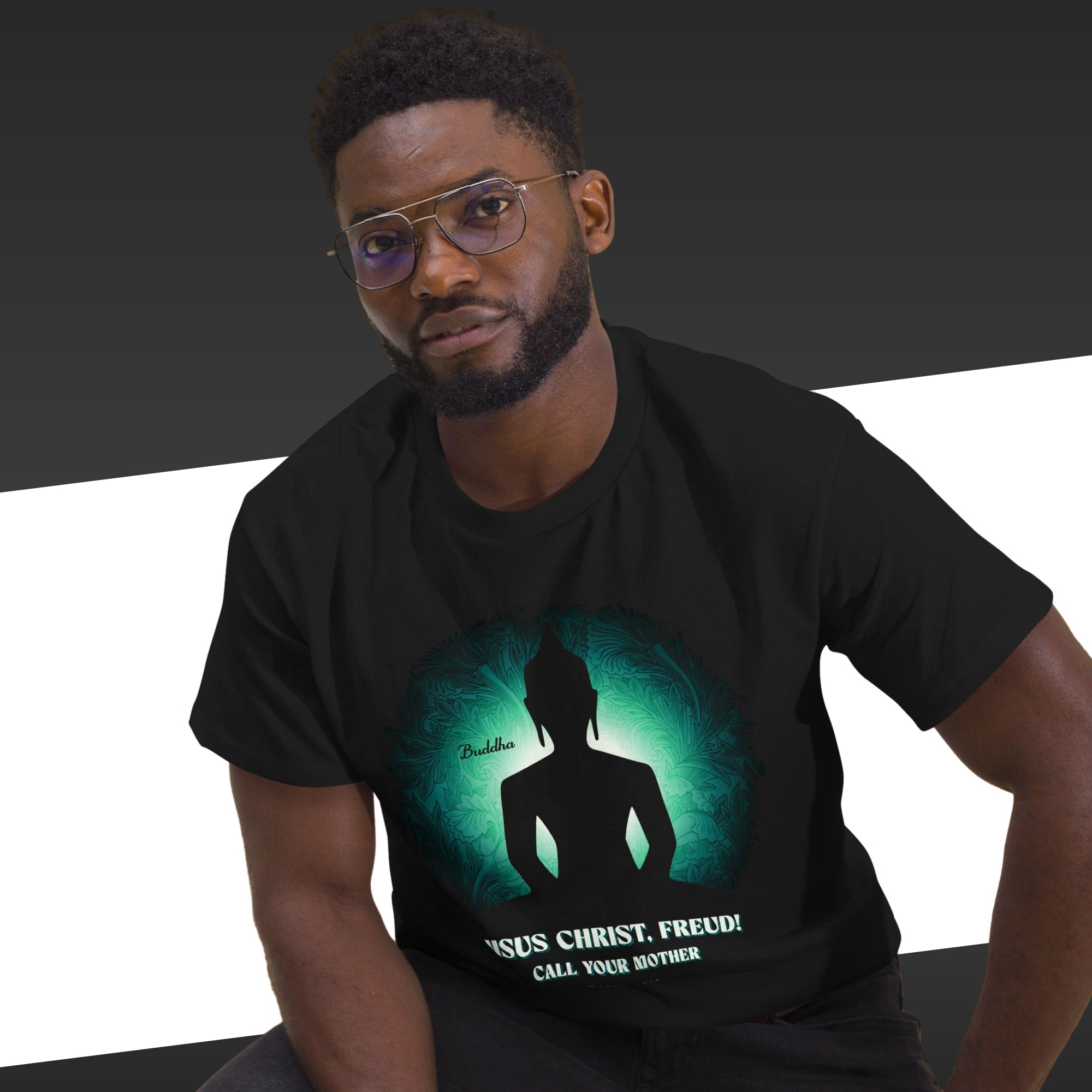 Man wearing a black t-shirt with a graphic design and text.