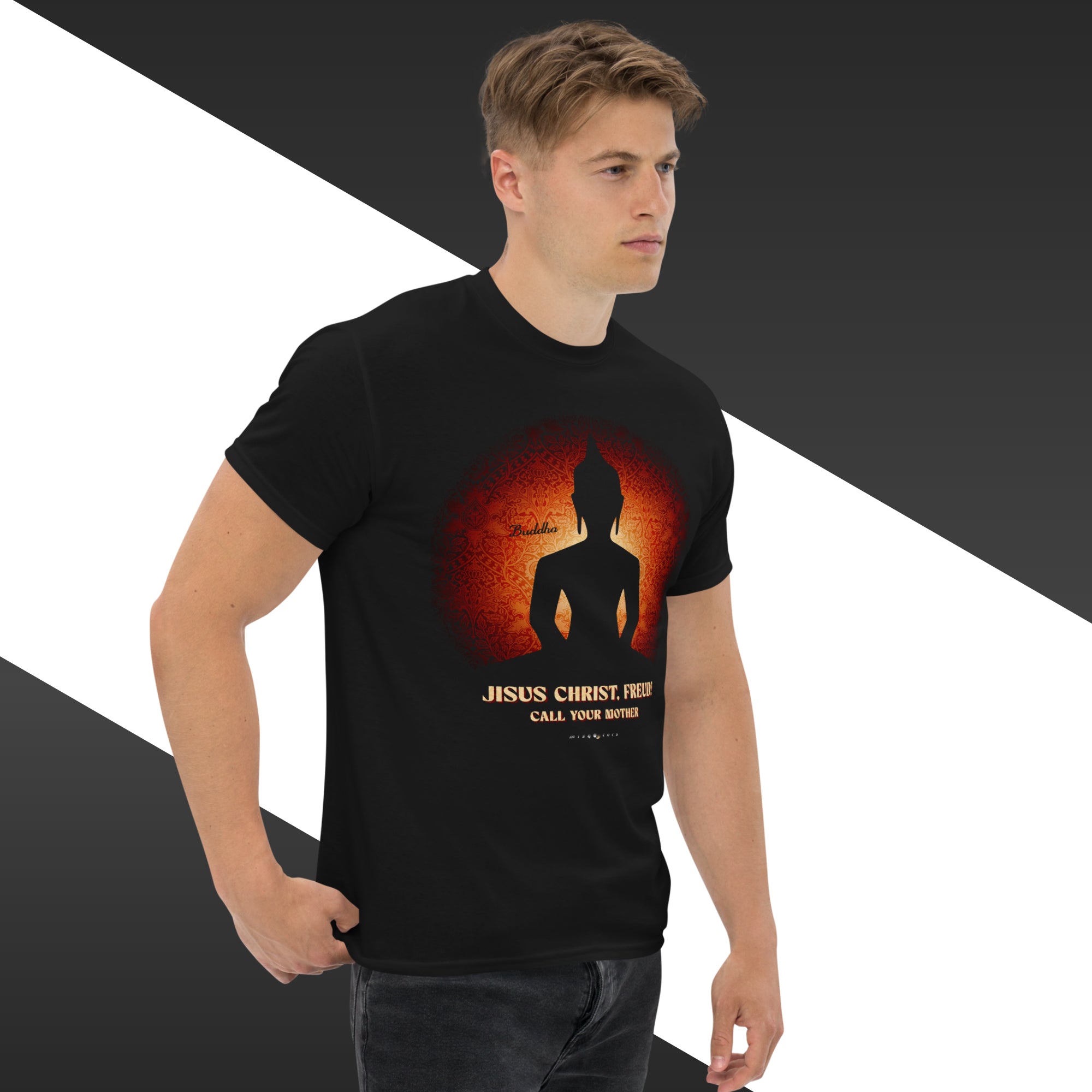 Man wearing a black t-shirt with a graphic design on a white and gray background