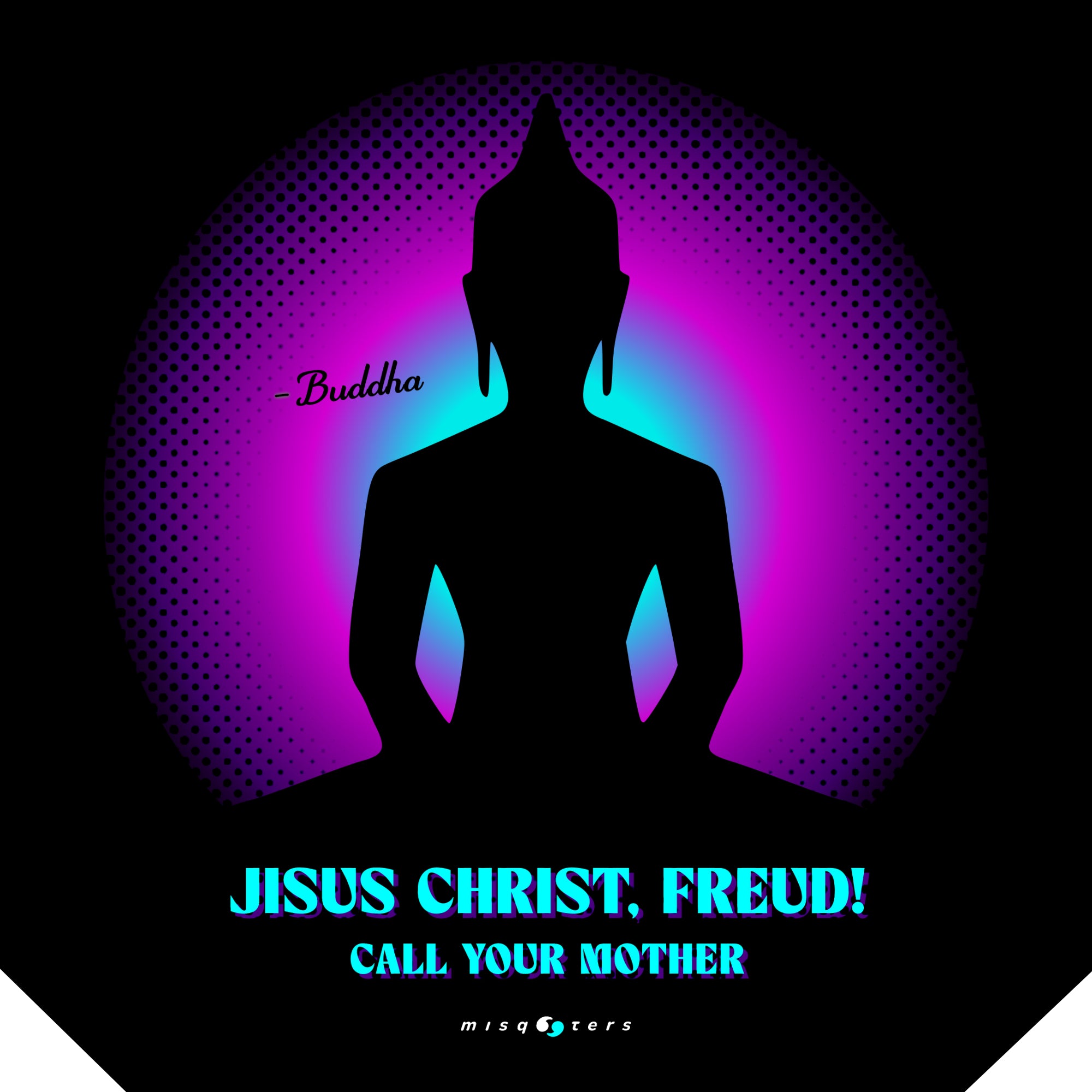 Silhouette of a Buddha figure with colorful background and text on a black background