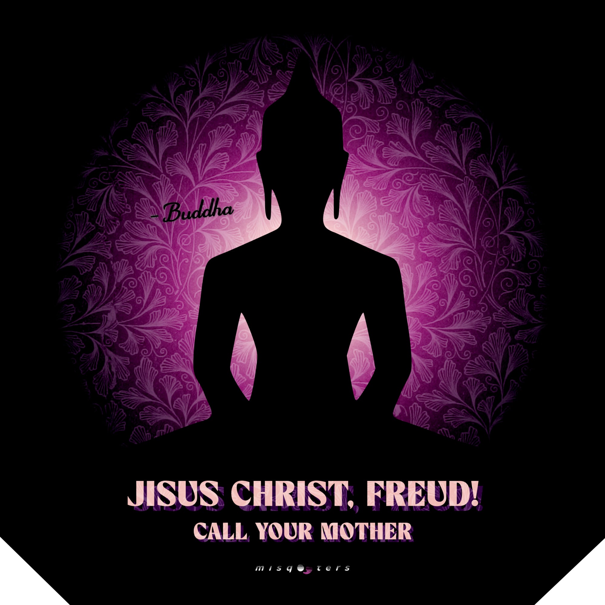 Silhouette of a meditating figure with a purple floral pattern and text on a black background