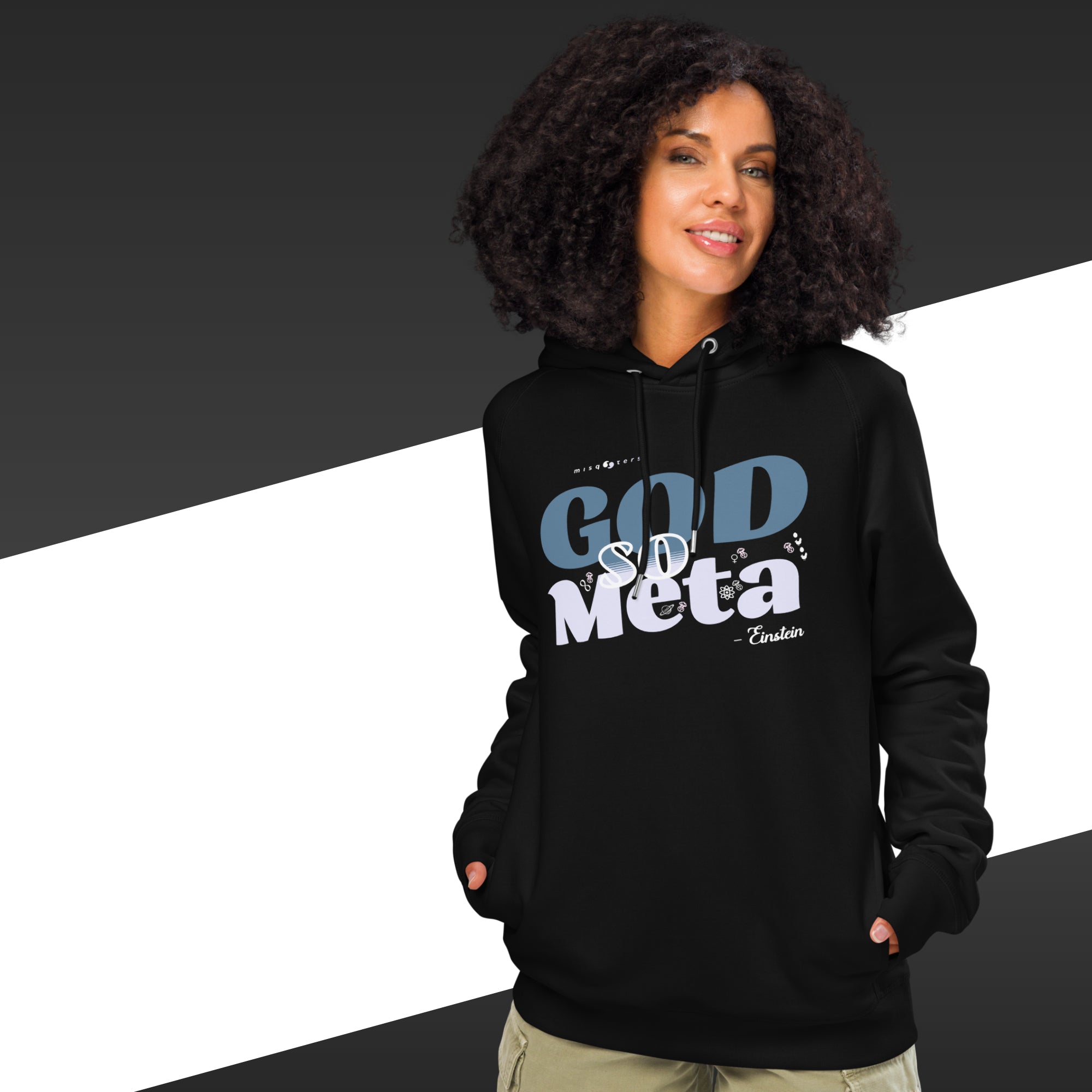 Person wearing a black hoodie with text on a black and white background