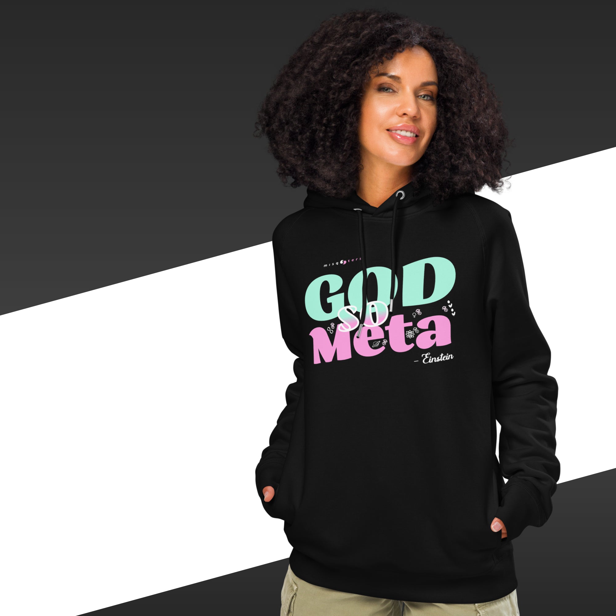 Person wearing a black hoodie with colorful text on a black and white background