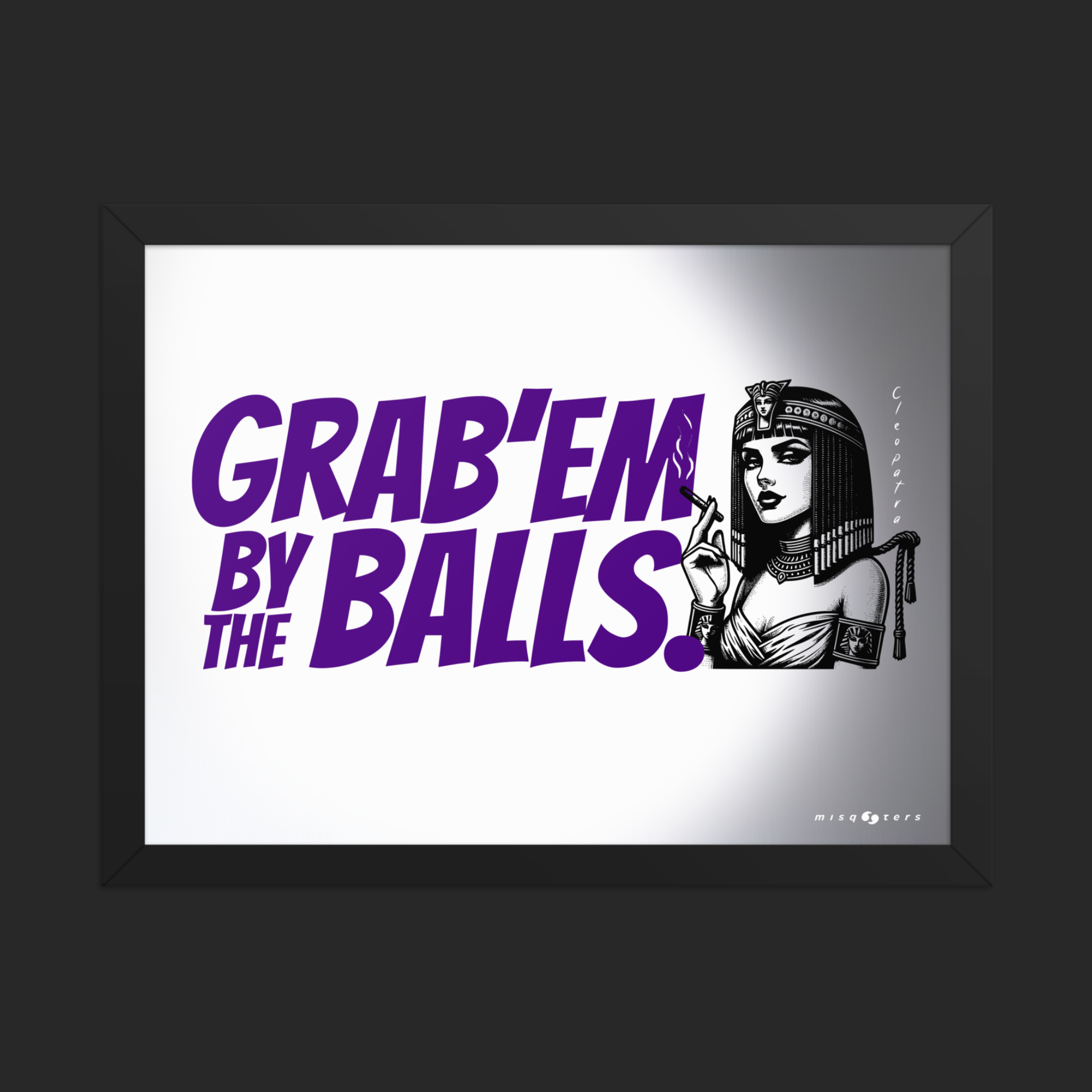 Framed poster with graphic design and text on a black background