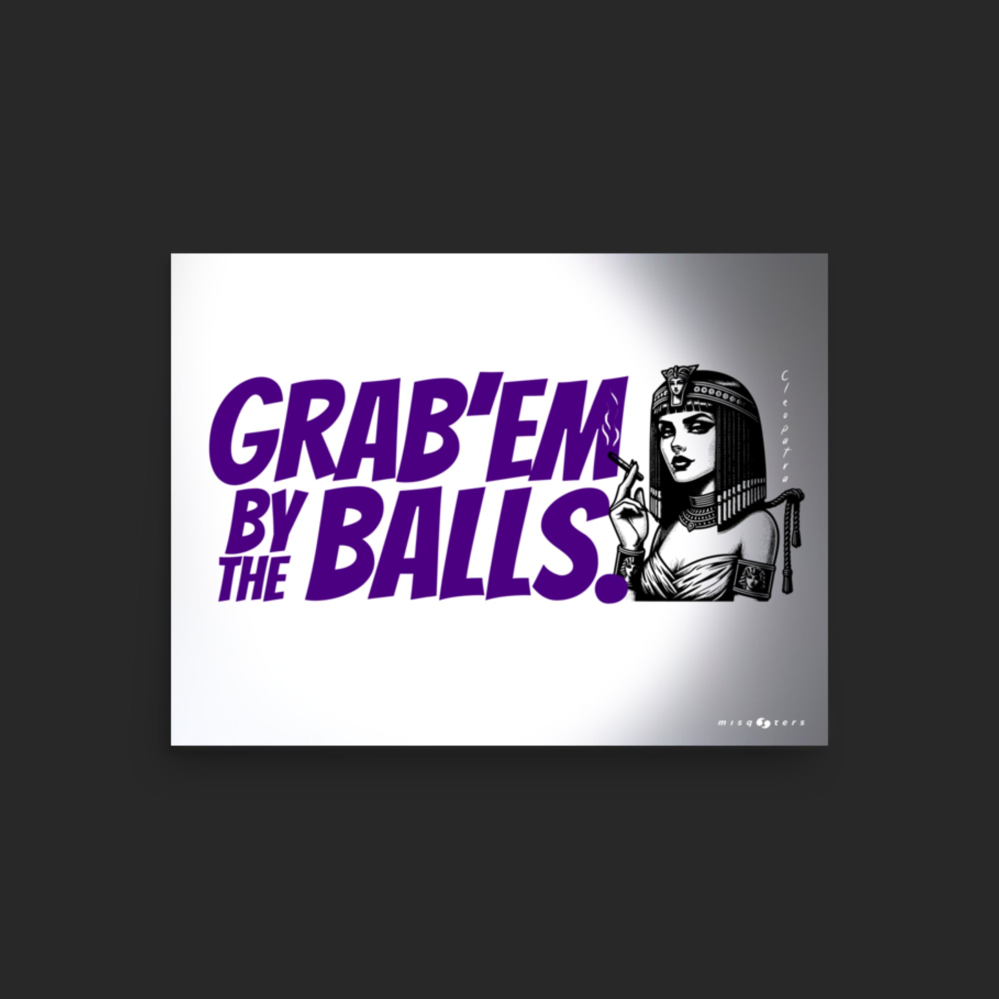 Product packaging with text 'GRAB'EM BY THE BALLS.' and a graphic of a woman in a chair on a gray background.