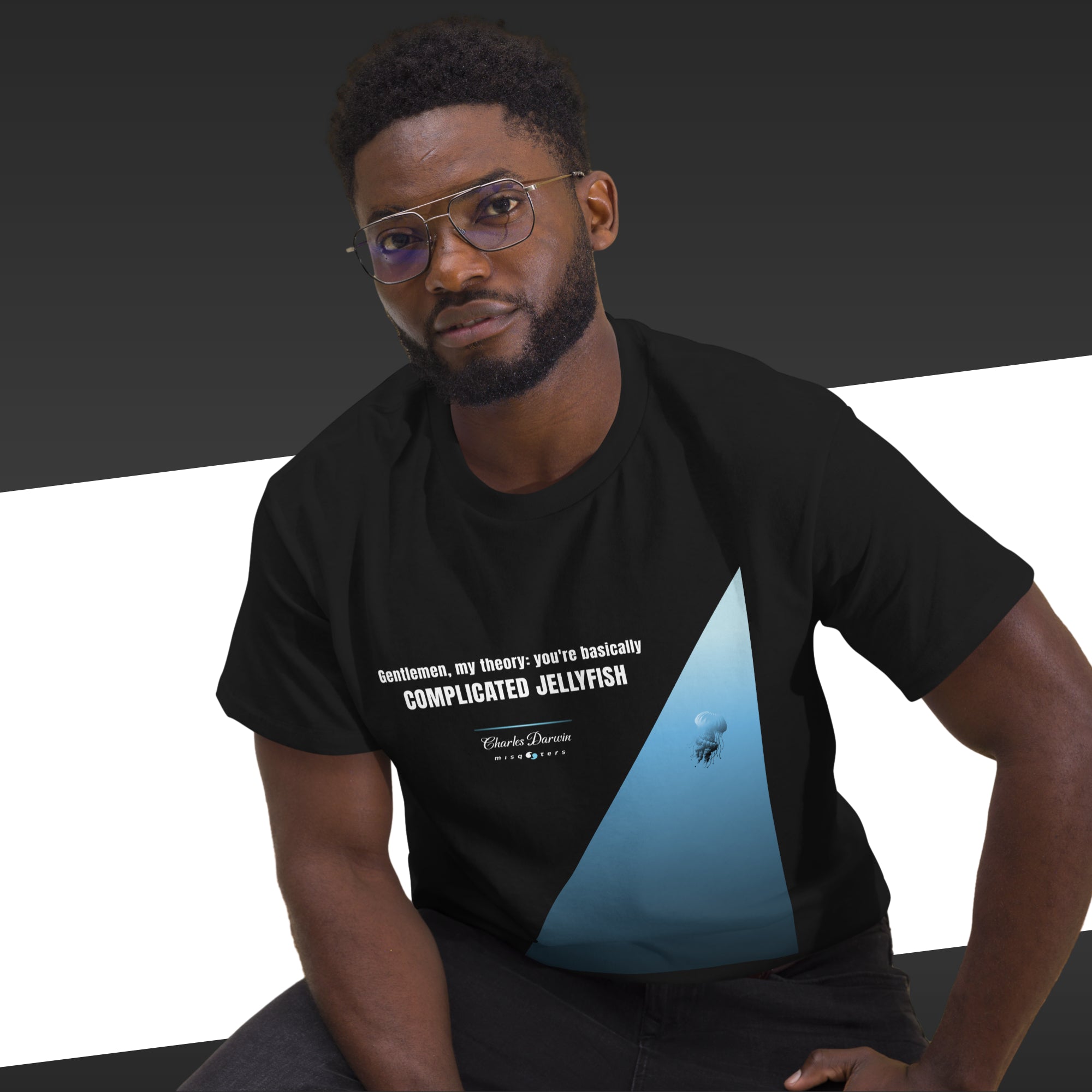 Jellyfish - Charles Darwin | Classic tee - black t-shirt mockup on male model alternate pose