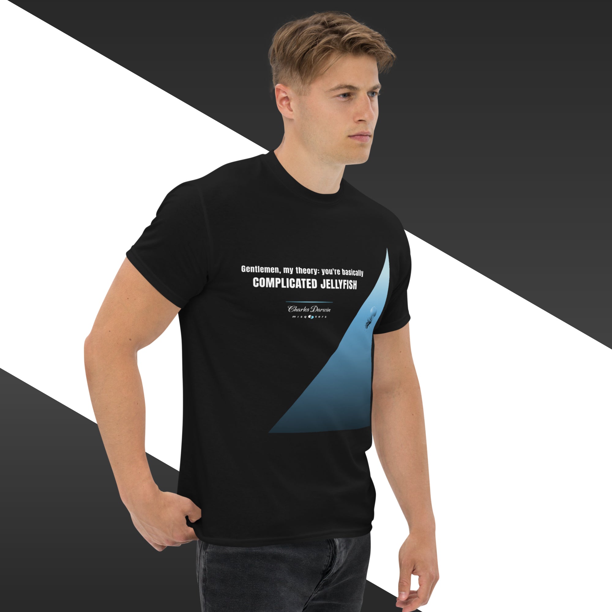 Jellyfish - Charles Darwin | Classic tee - black t-shirt mockup on male model