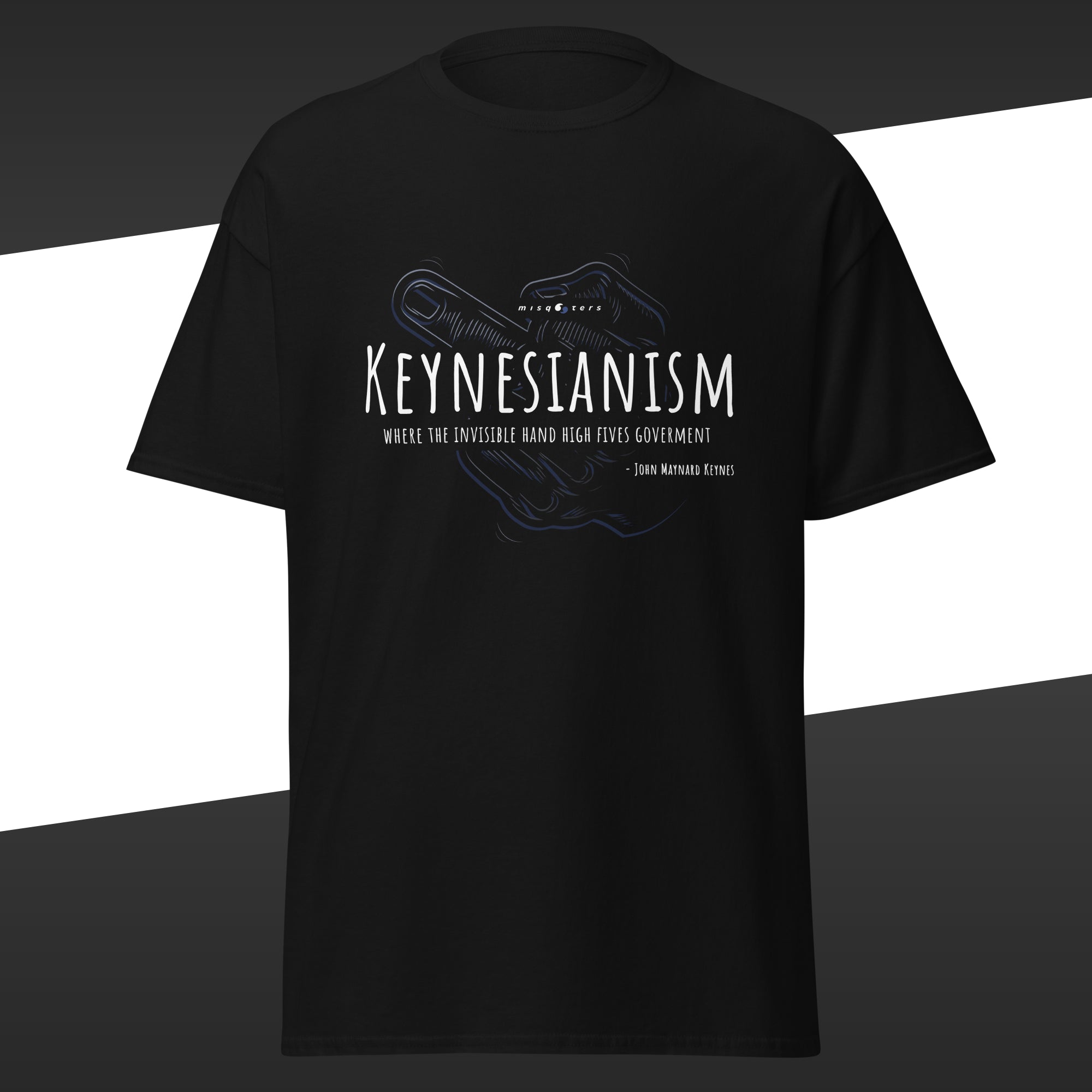 Black t-shirt with a misquote from keynes about the invisible hand and a graphic of the hand with
in white and subtle dark blue lines
