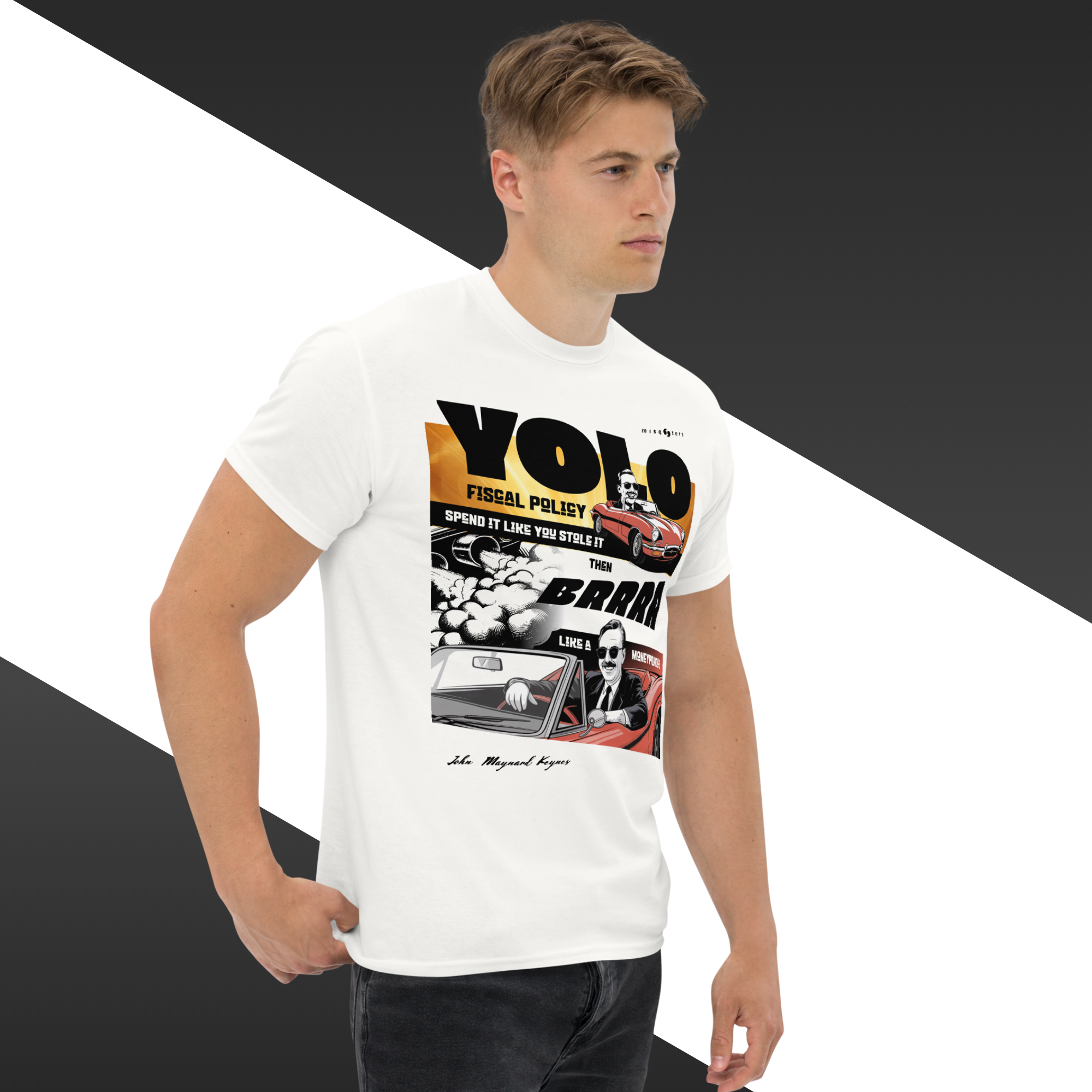 Man wearing a white t-shirt with graphic design and text
