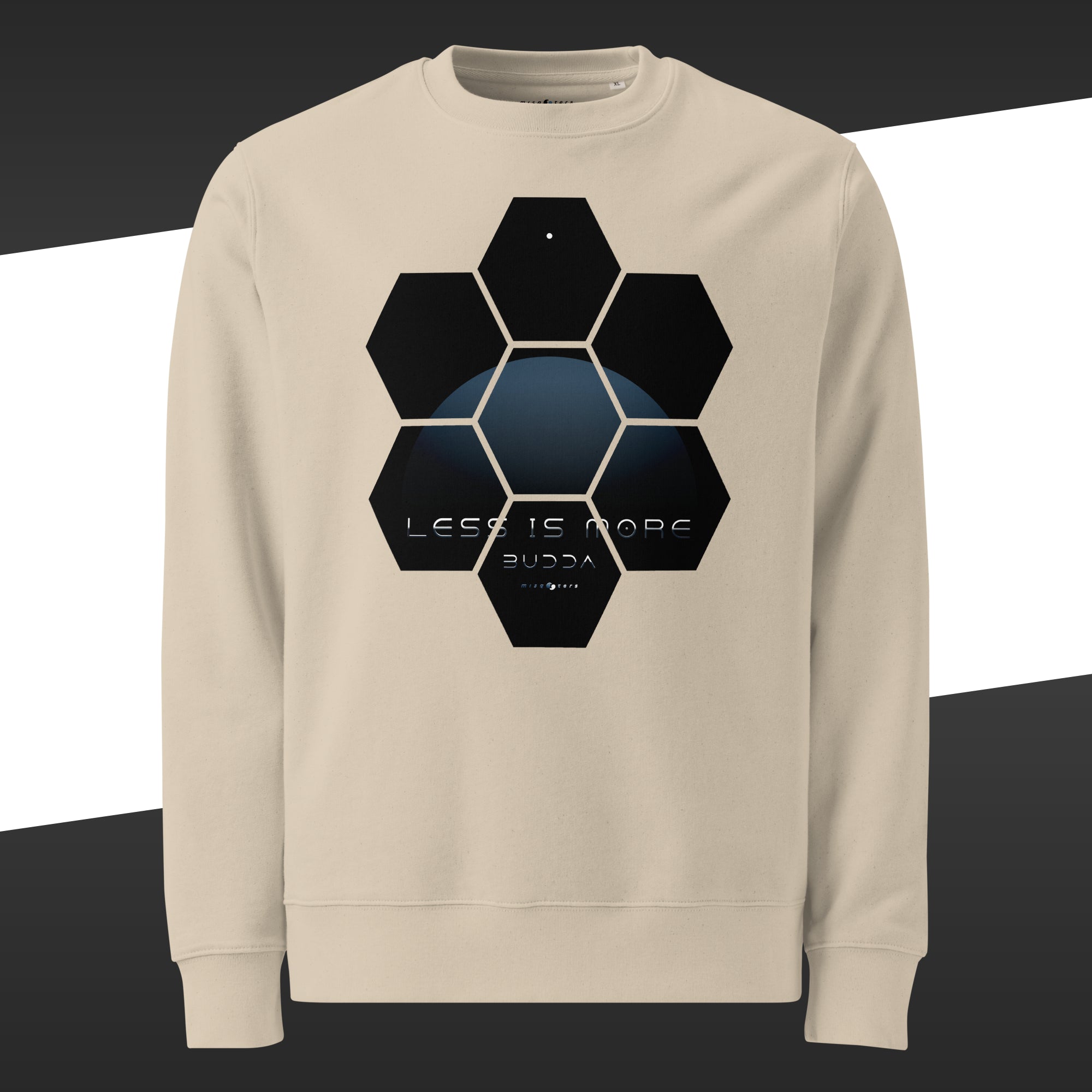 Beige sweater with a blue design of the fake quote "Less is more" by Buddha