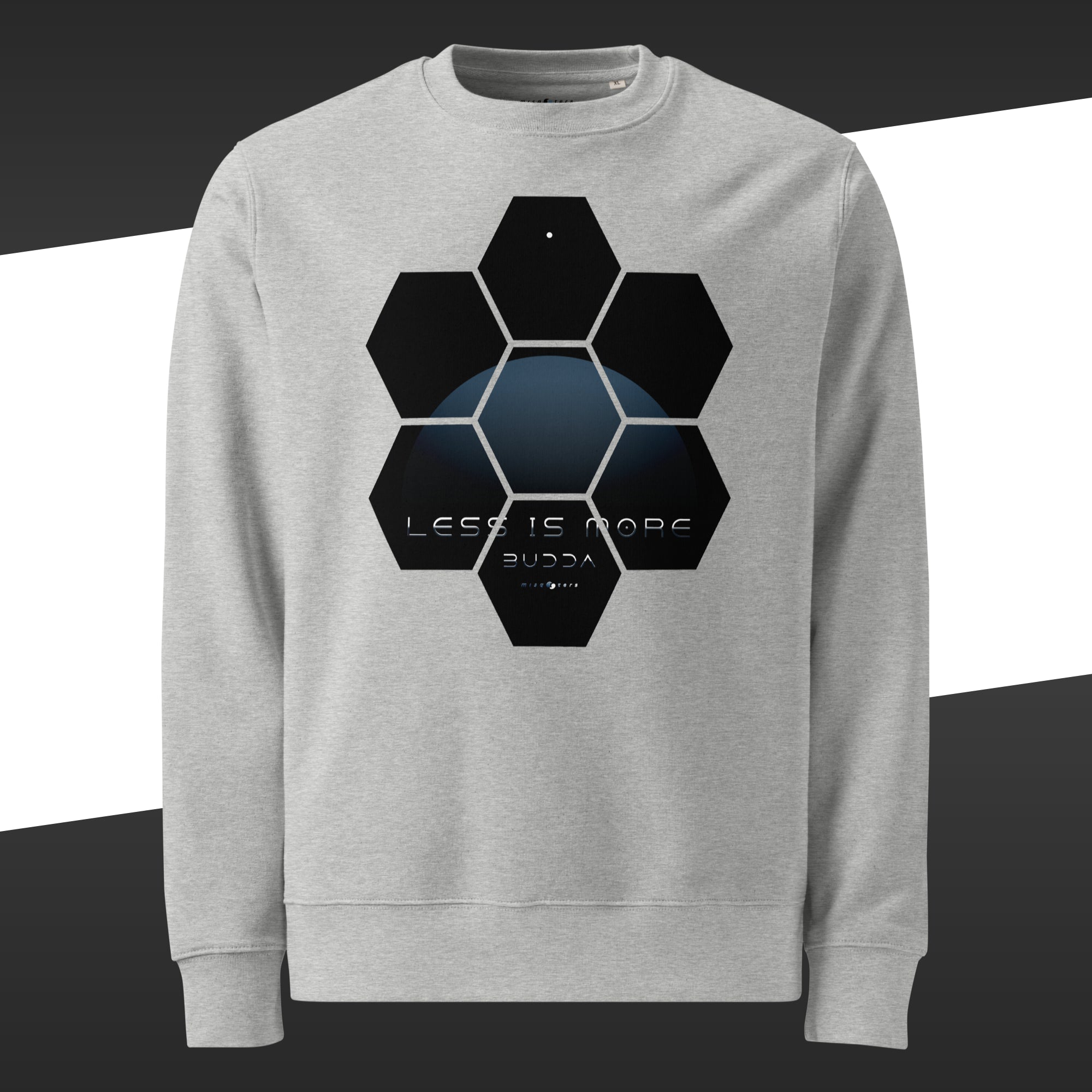 Grey sweater with a blue design of the fake quote "Less is more" by Buddha