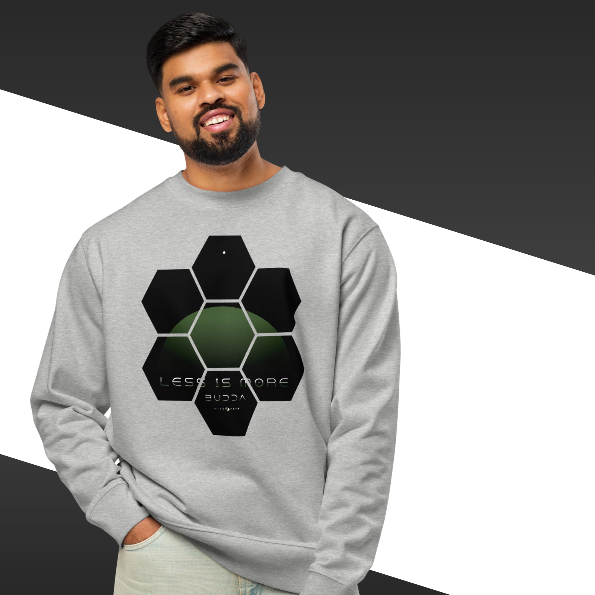 Man wearing a gray sweatshirt with a geometric design and text on a black and white background
