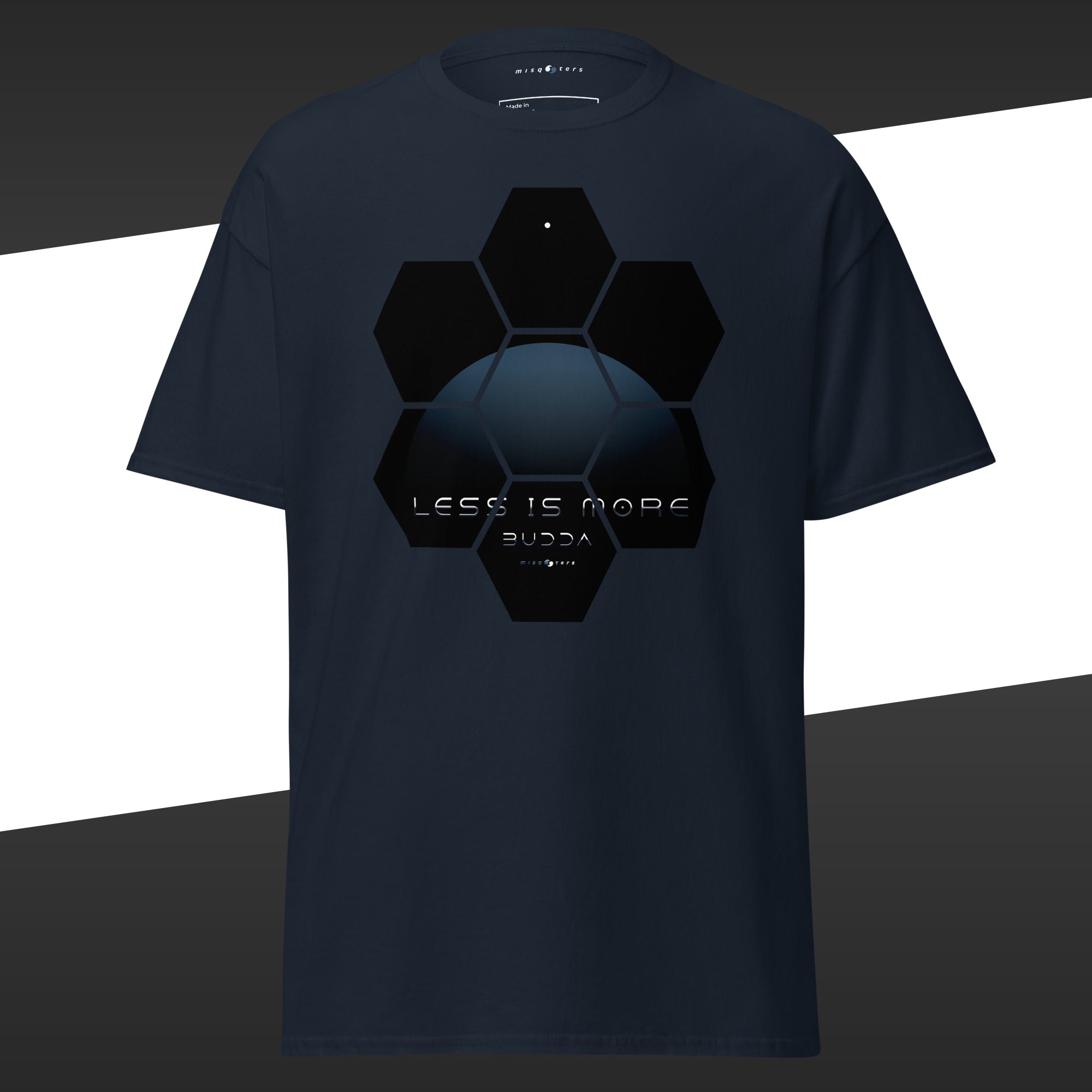 Blue t-shirt with geometric blue design featuring the fake quote "Less is more" by Buddha