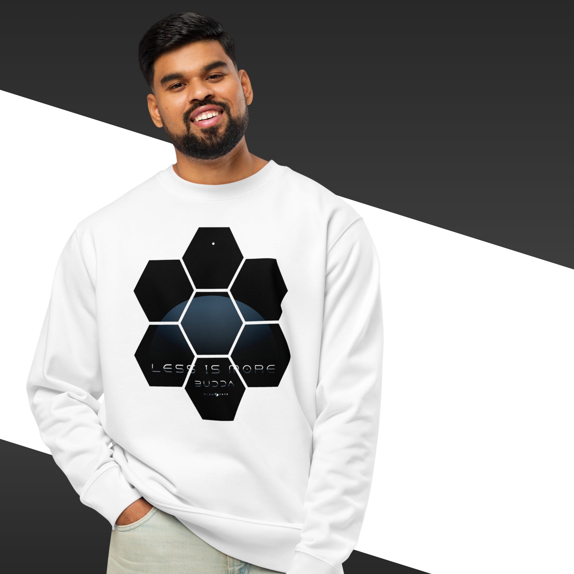 Man wearing a white sweatshirt with geometric design and text