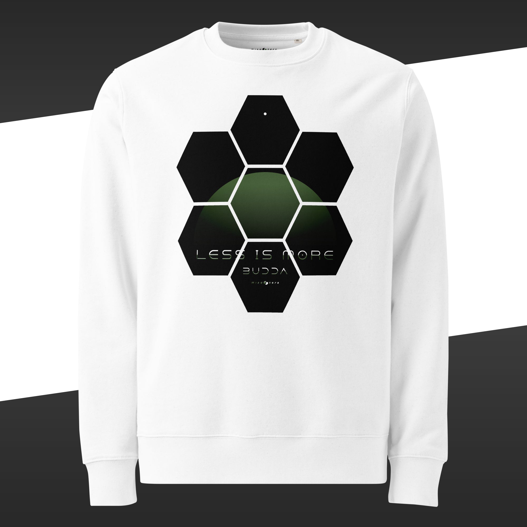 White sweater with a green design of the fake quote "Less is more" by Buddha
