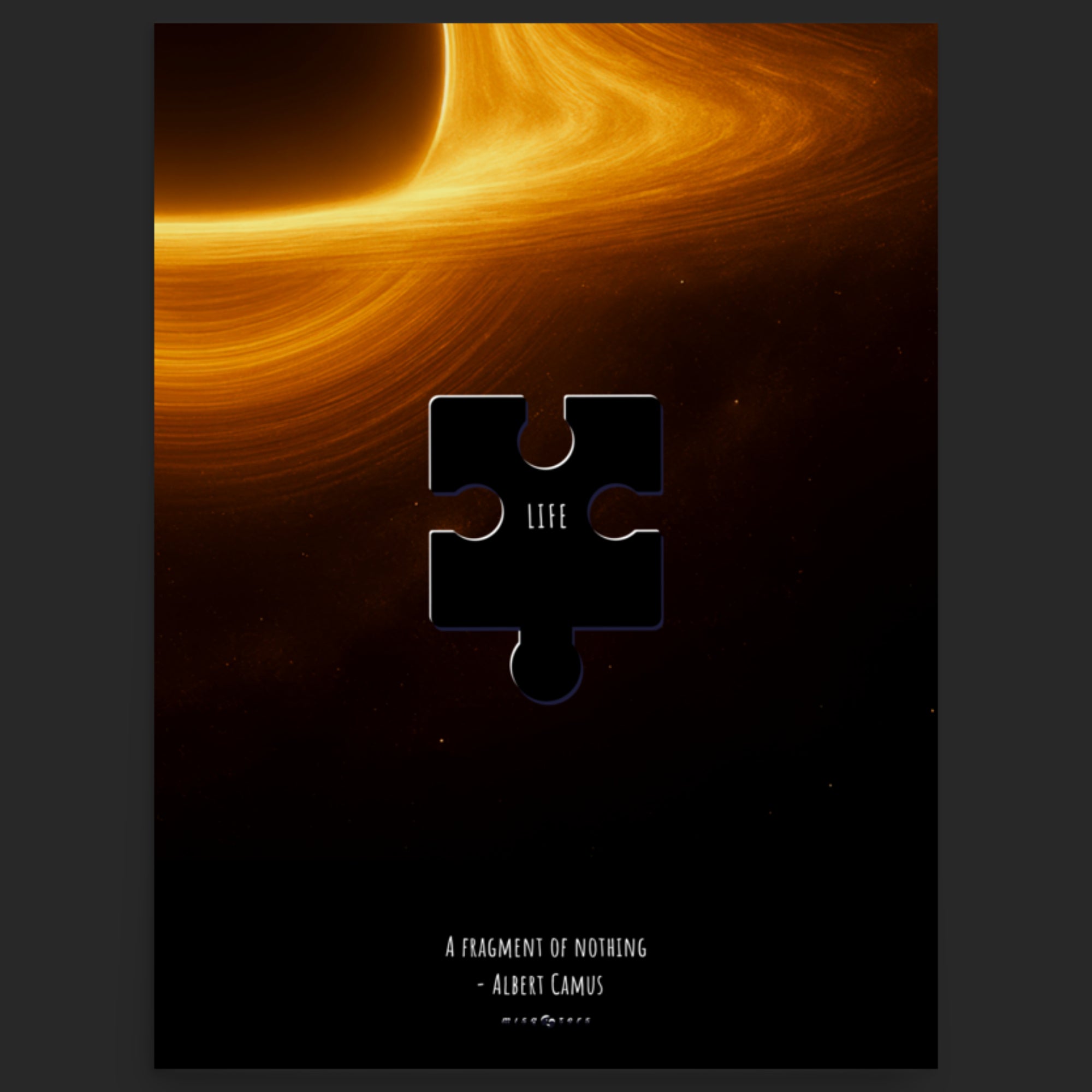 Jigsaw puzzle piece with 'LIFE' on a dark background with glowing orange and yellow swirls.