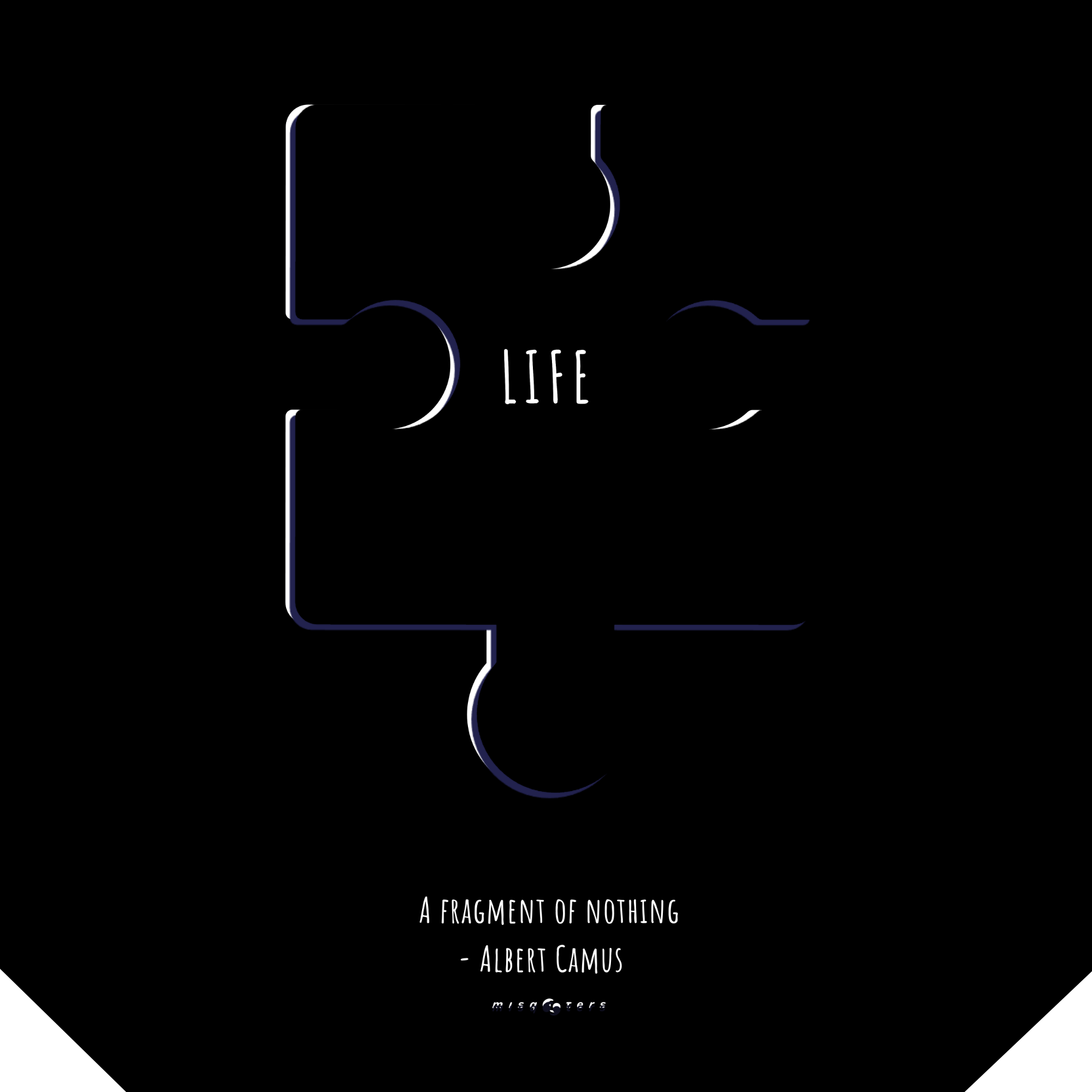 Abstract design with the word 'LIFE' and a quote by Albert Camus on a black background.