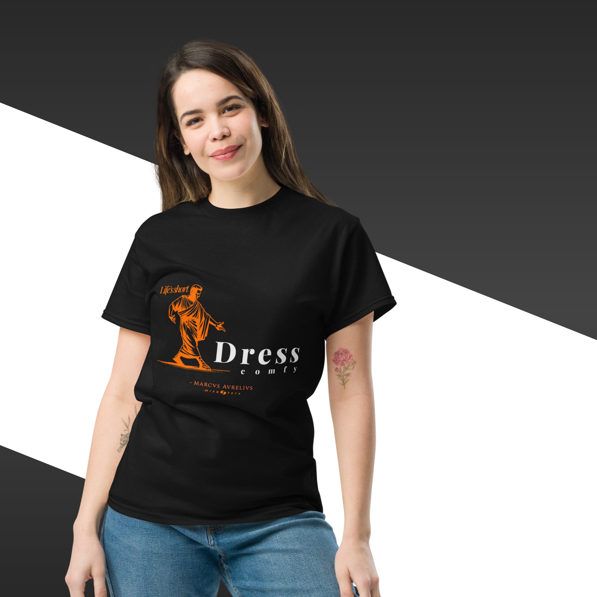 Woman wearing a black t-shirt with a graphic design and text on a black and white background