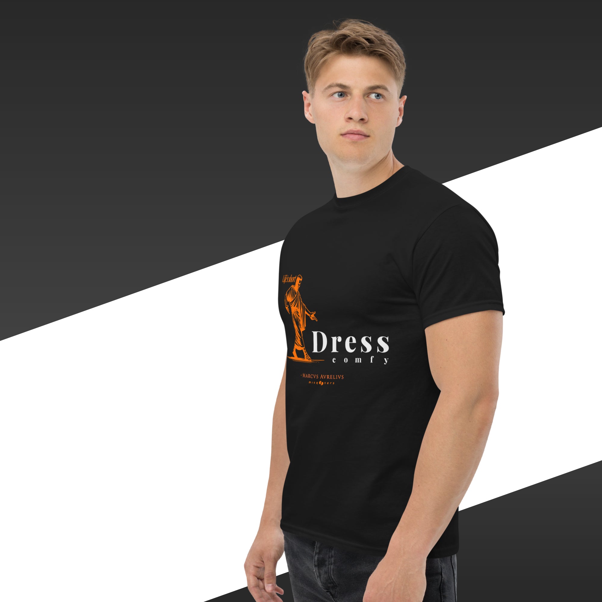 Man wearing a black t-shirt with a logo and text on a black and white background