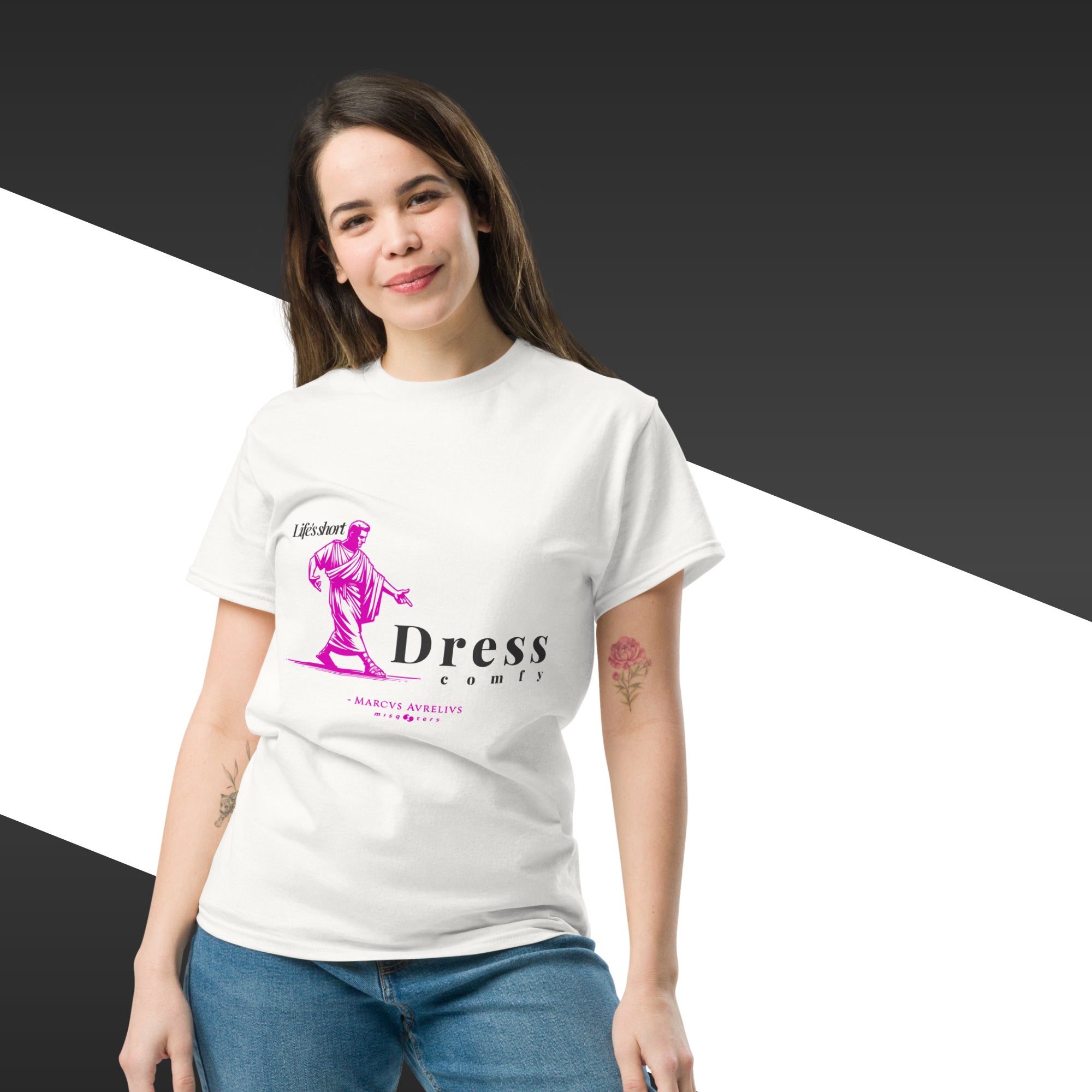 Woman wearing a white t-shirt with a graphic design and text on a black and white background