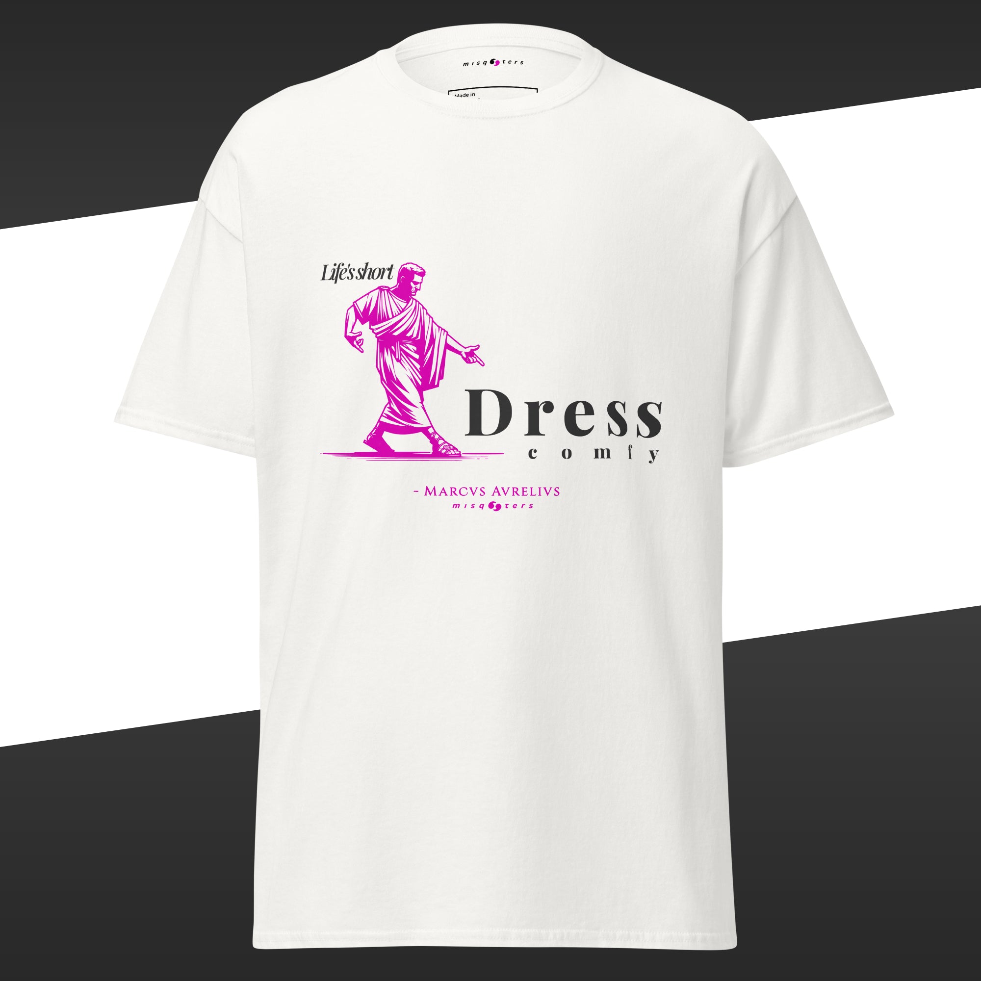 White t-shirt with pink and white graphic design off Marcus Aurelius featuring the fake quote "dress comfy"