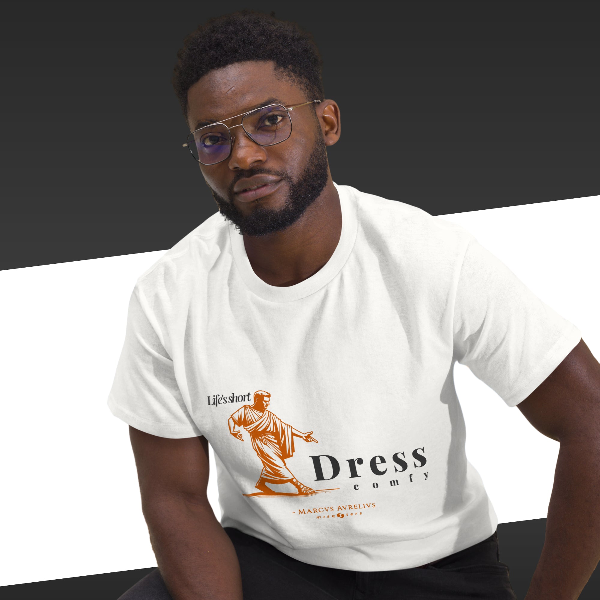 Man wearing a white t-shirt with a logo and text on a black and white background