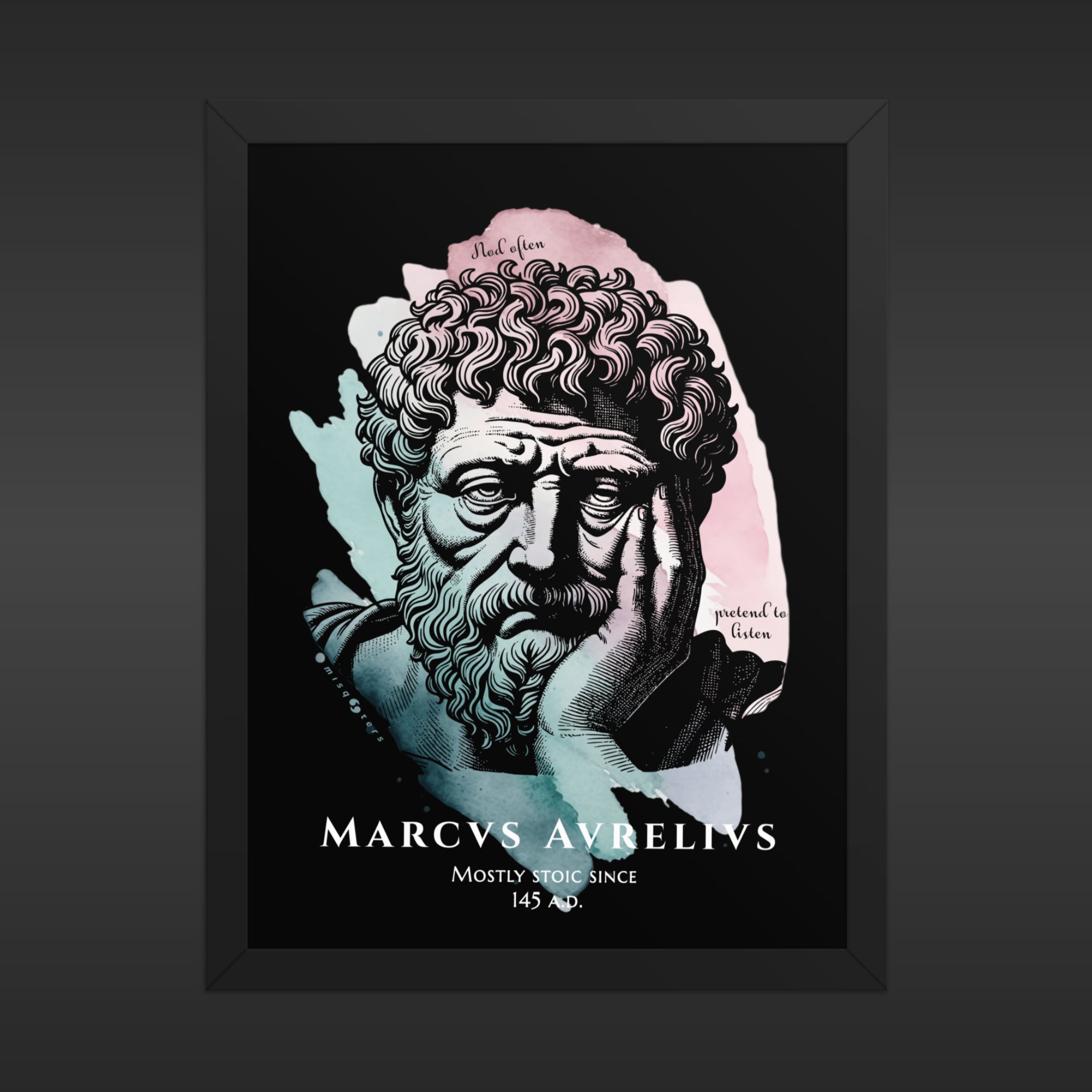 Framed artwork of a classical statue with text on a dark background