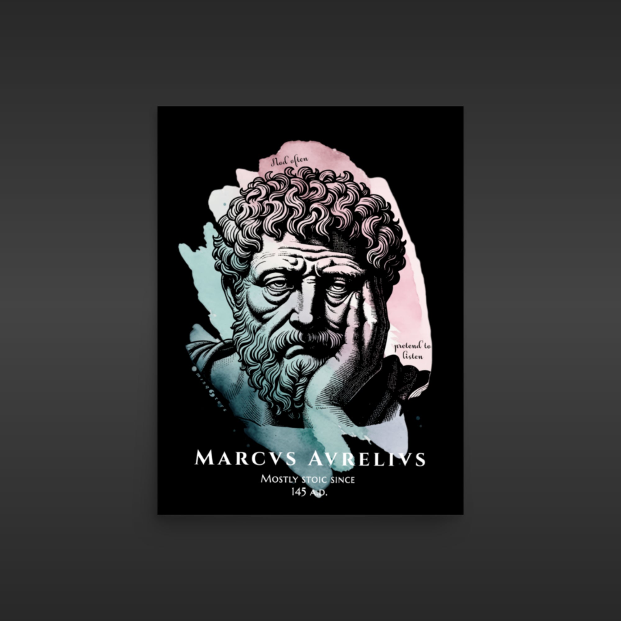 Stylized illustration of a classical bust with text on a dark background