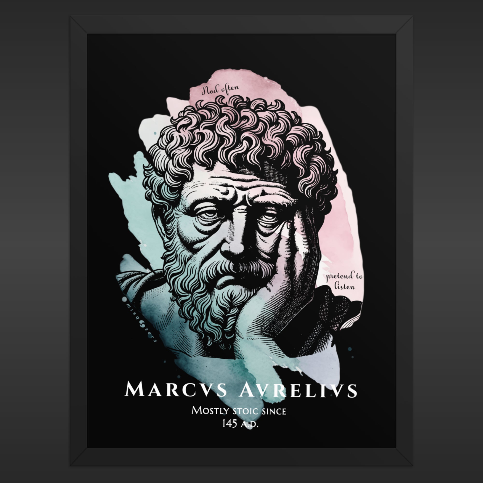 Framed artwork of a classical bust with text on a dark background