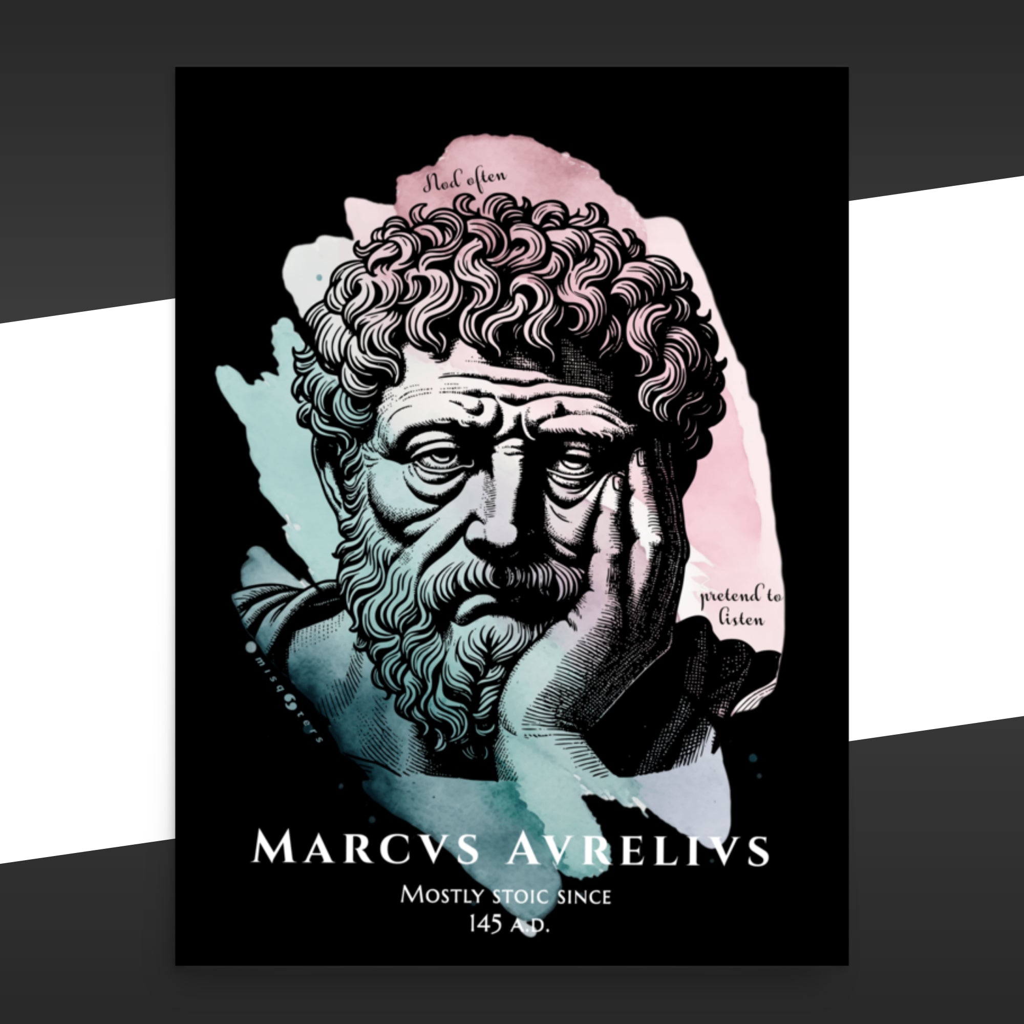Black poster with a classical bust design of Marcus Aurelius on it