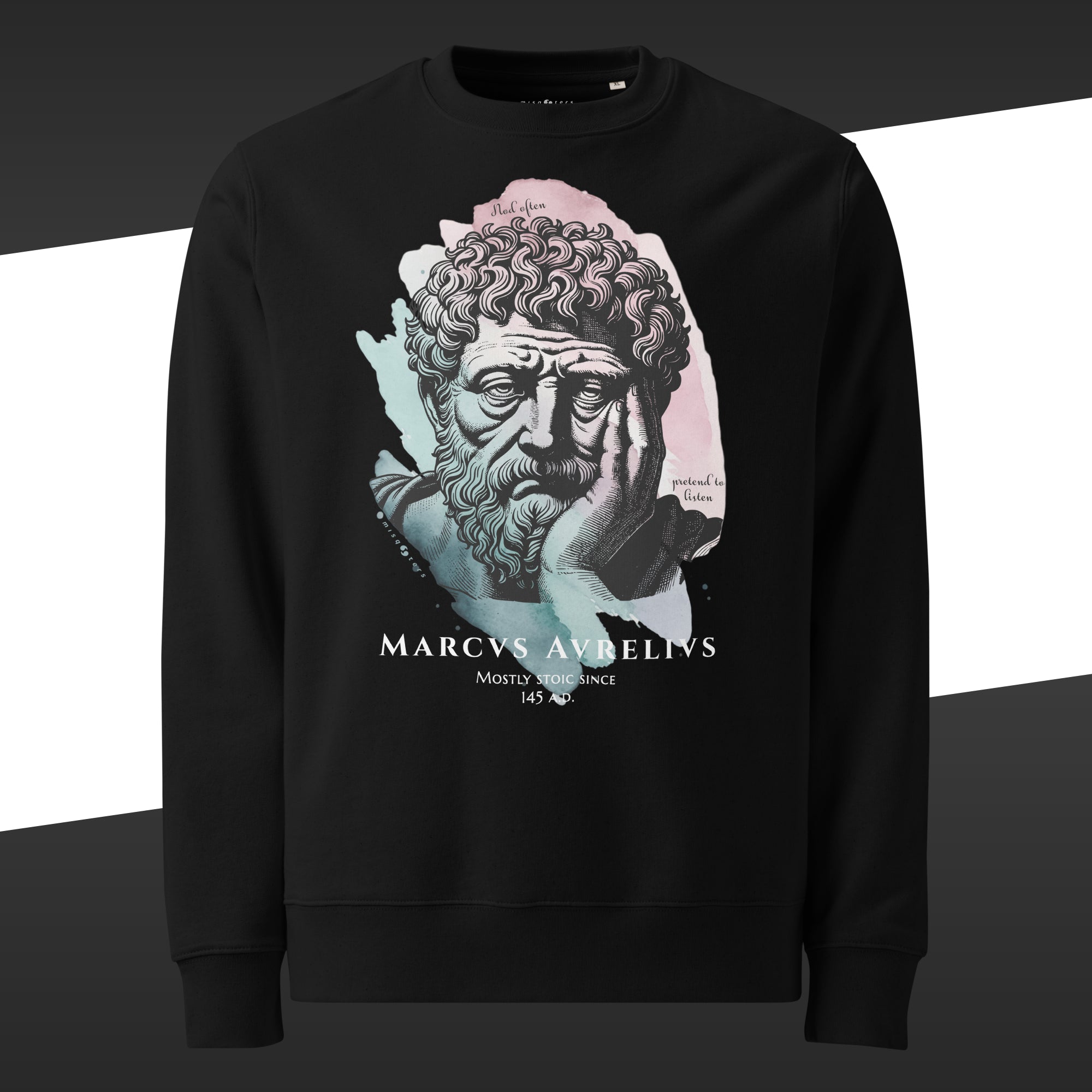 Black sweatshirt with a graphic of Marcus Aurelius on it