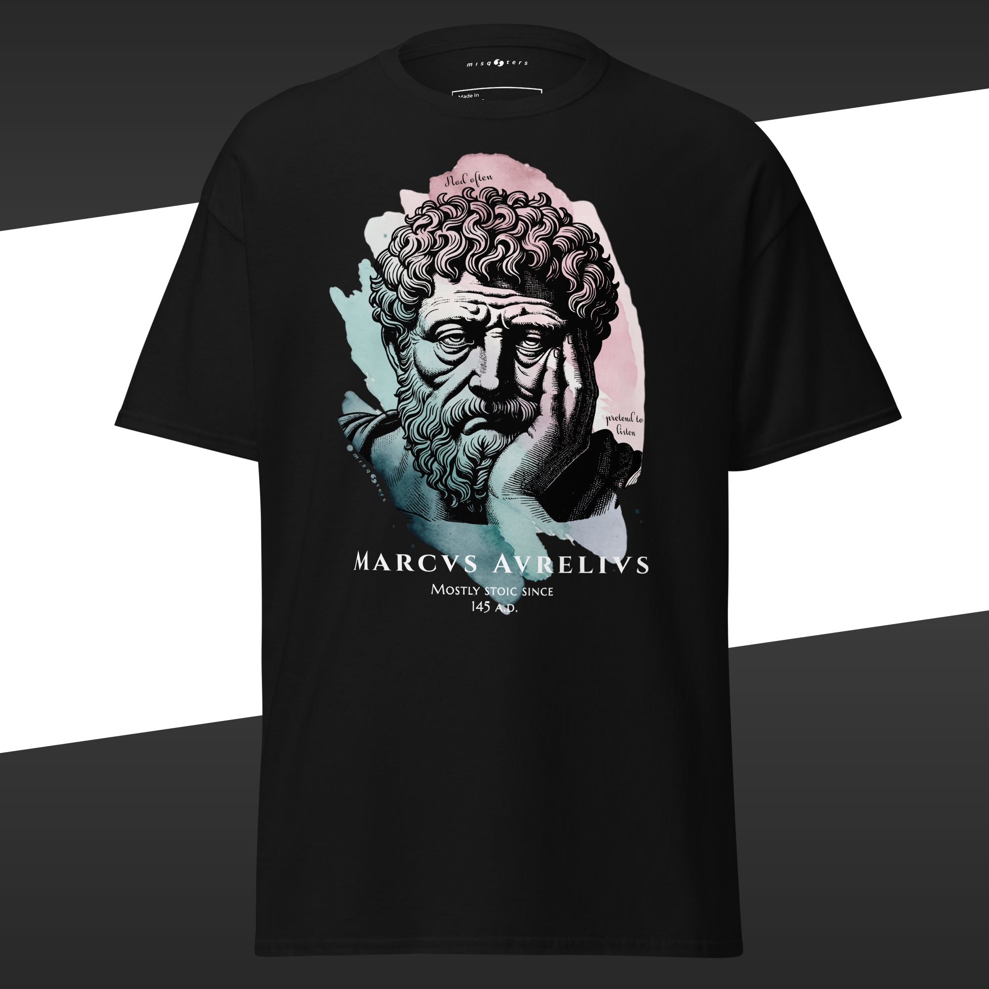 Black t-shirt with a graphic of a classical statue and 'Marcus Aurelius' text on a white background