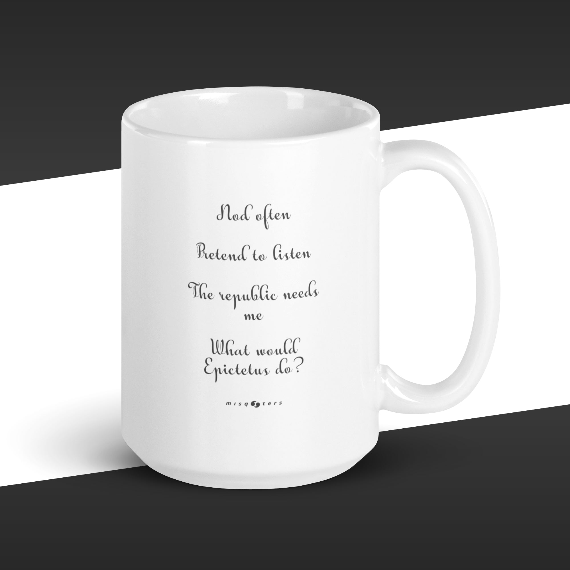 White mug with text on a black and white background