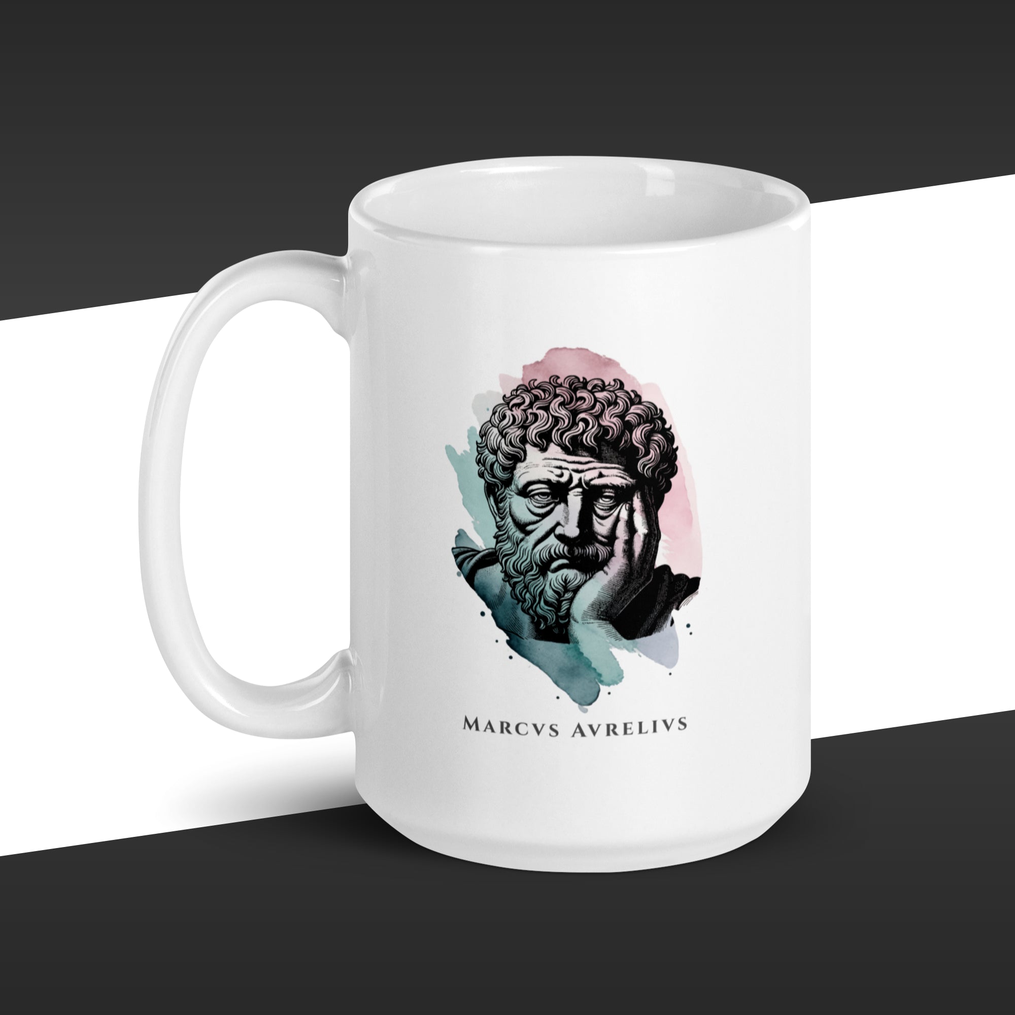 White 15oz mug with a graphic of Marcus Aurelius and the text 'Marcus Aurelius' on a white background