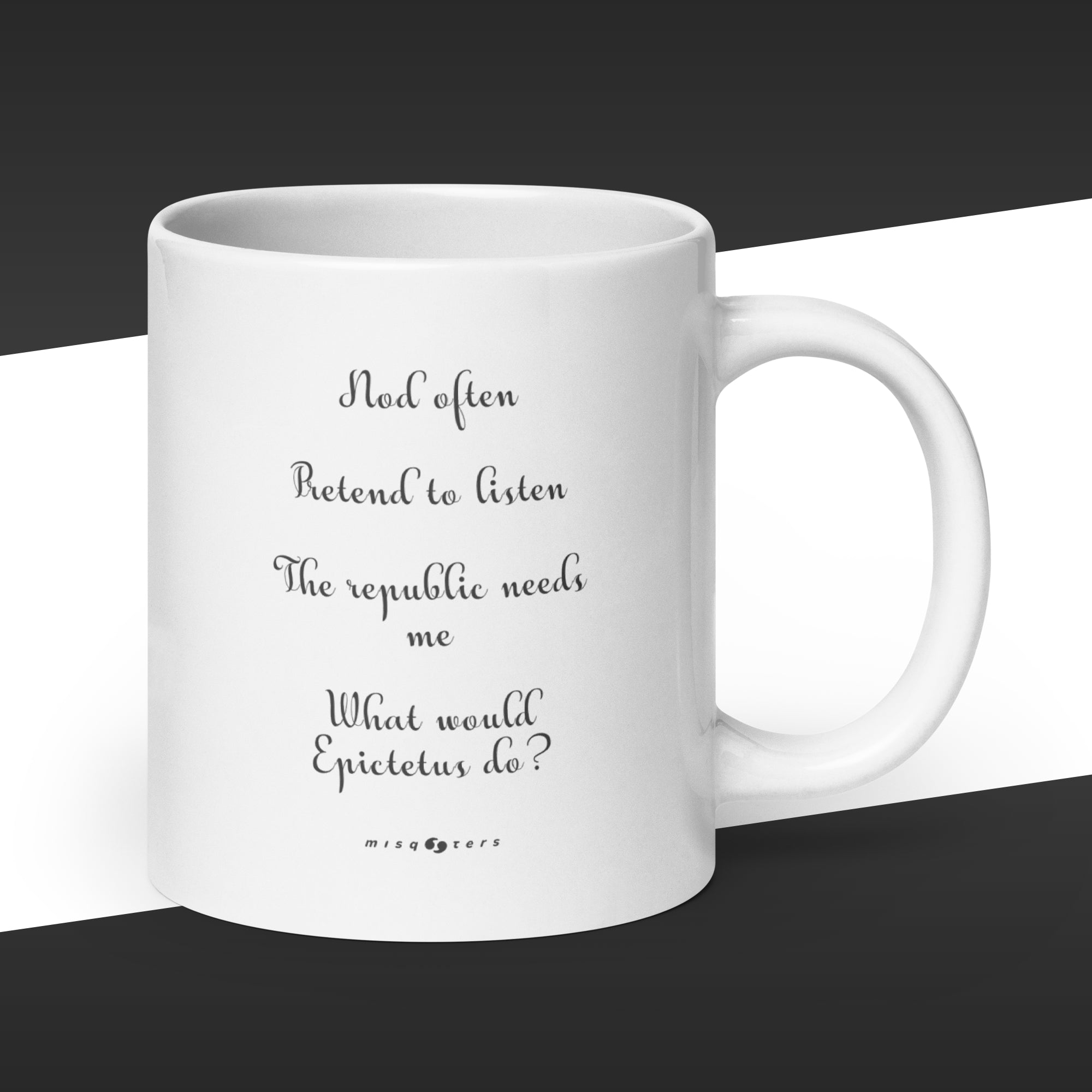 White mug with text on a black background