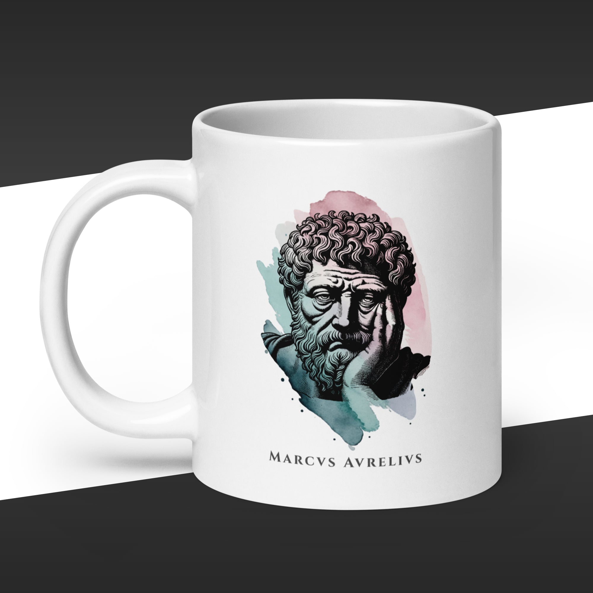White 20oz mug with a graphic of Marcus Aurelius and the text 'Marcus Aurelius' on a white background