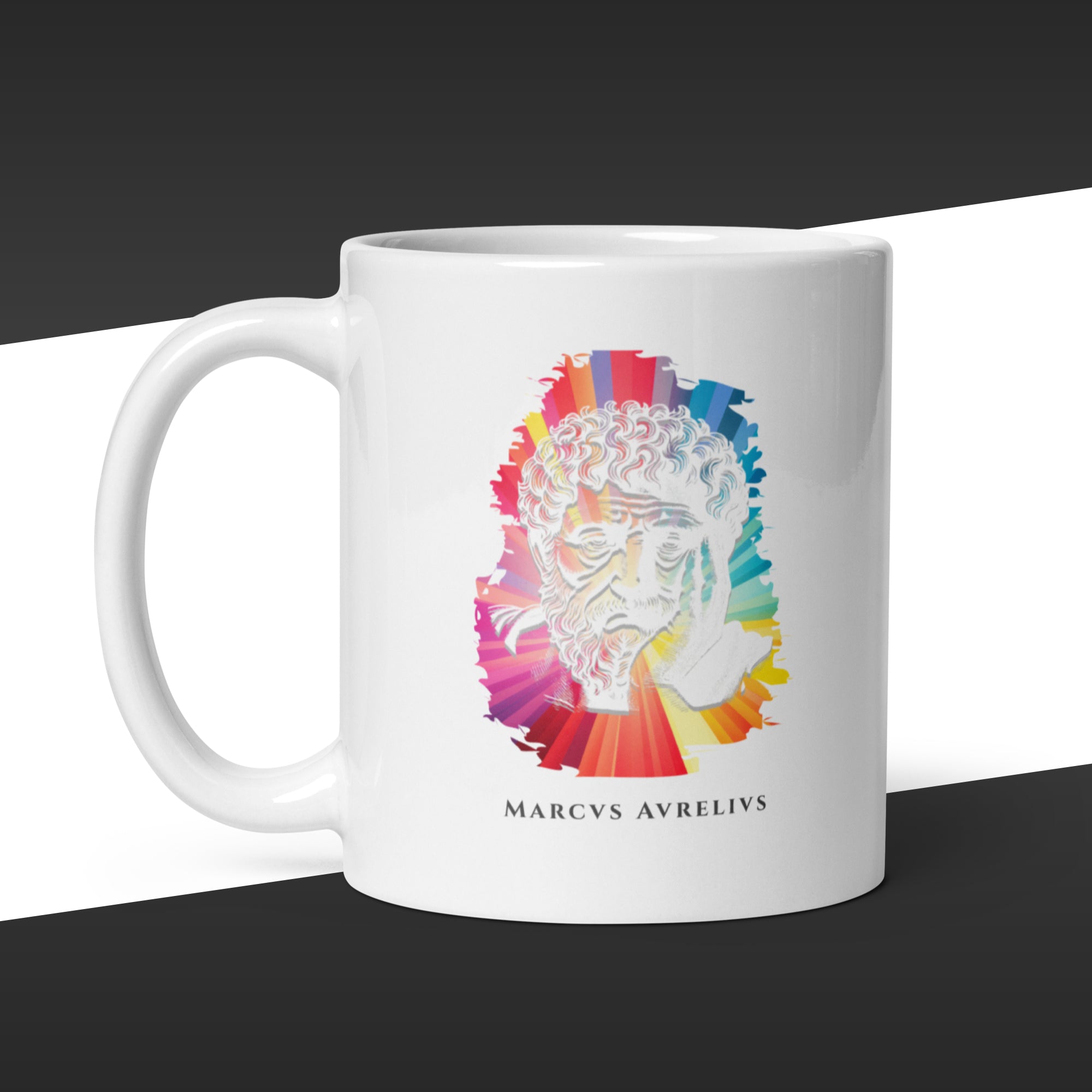 White 11oz mug with a colorful graphic of Marcus Aurelius and the text 'Marcus Aurelius' on a white background