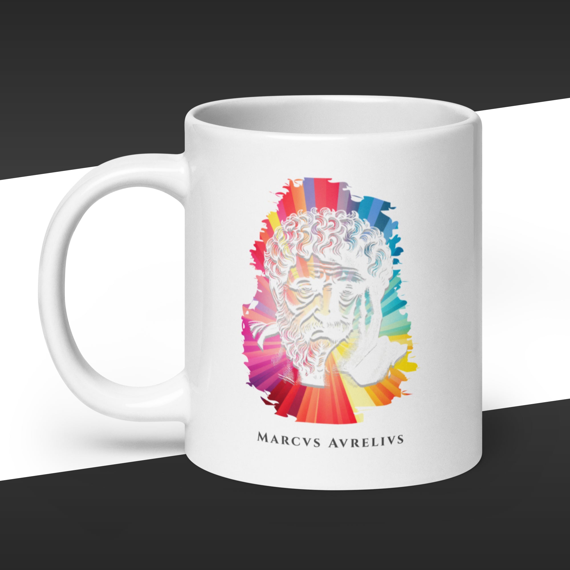 White 20oz mug with a colorful graphic of Marcus Aurelius and the text 'Marcus Aurelius' on a white background