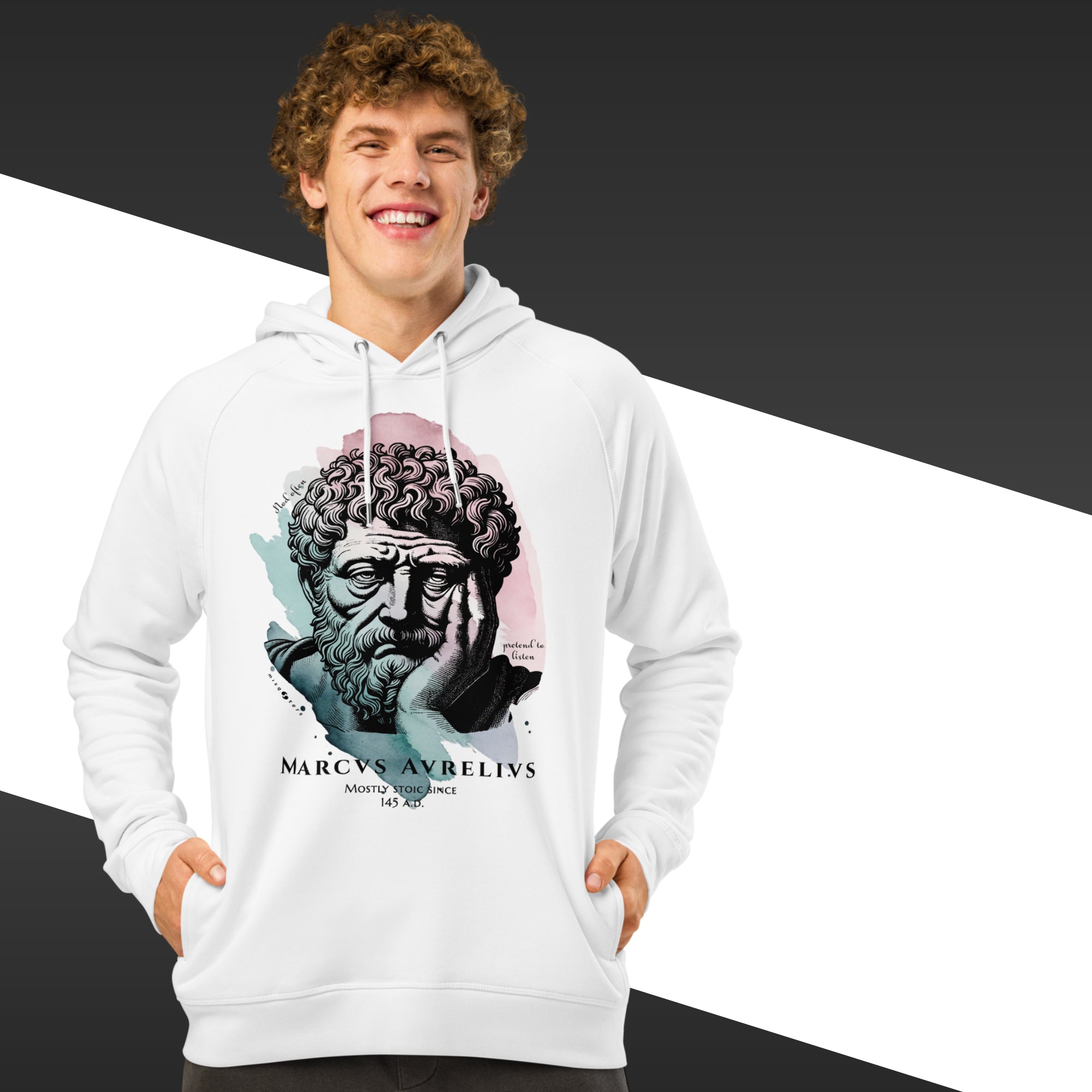 Person wearing a white hoodie with a graphic design of a classical bust and text.