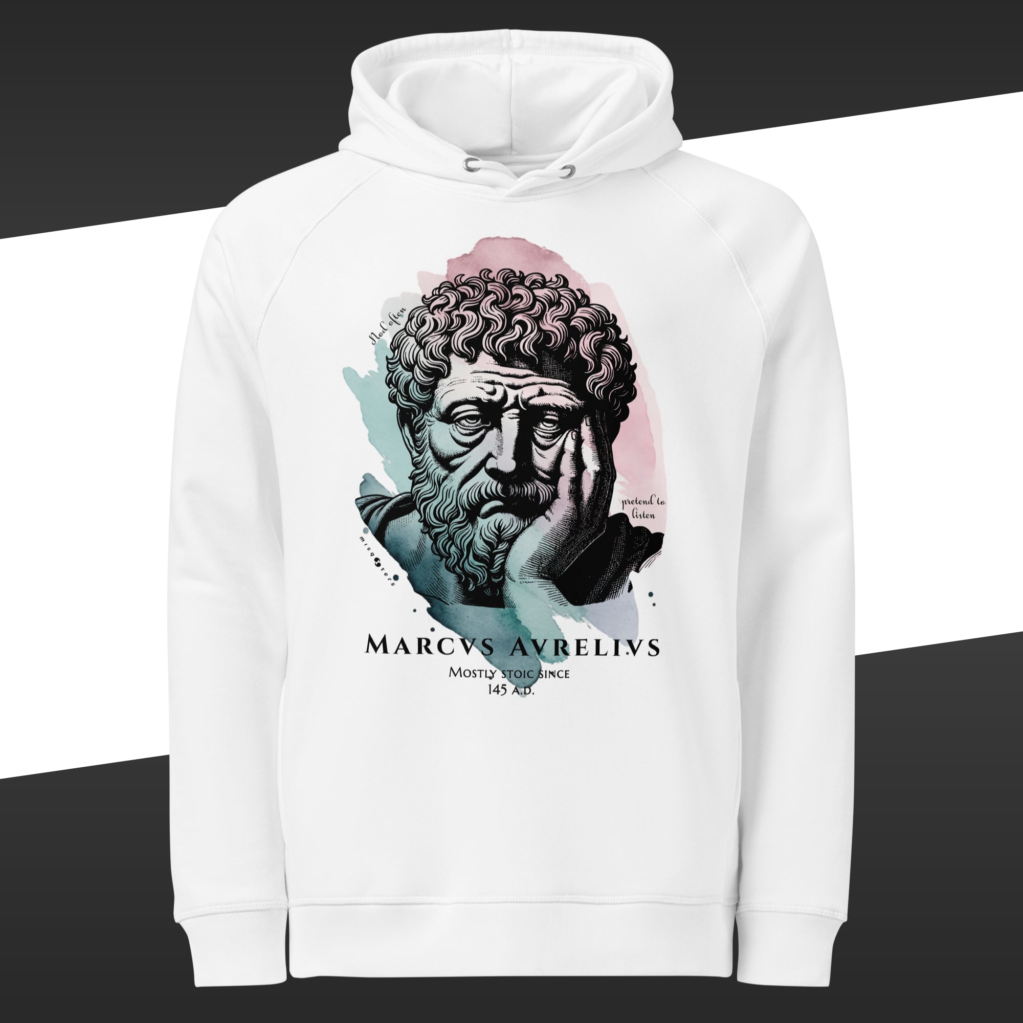 White hoodie with a graphic of Marcus Aurelius on it