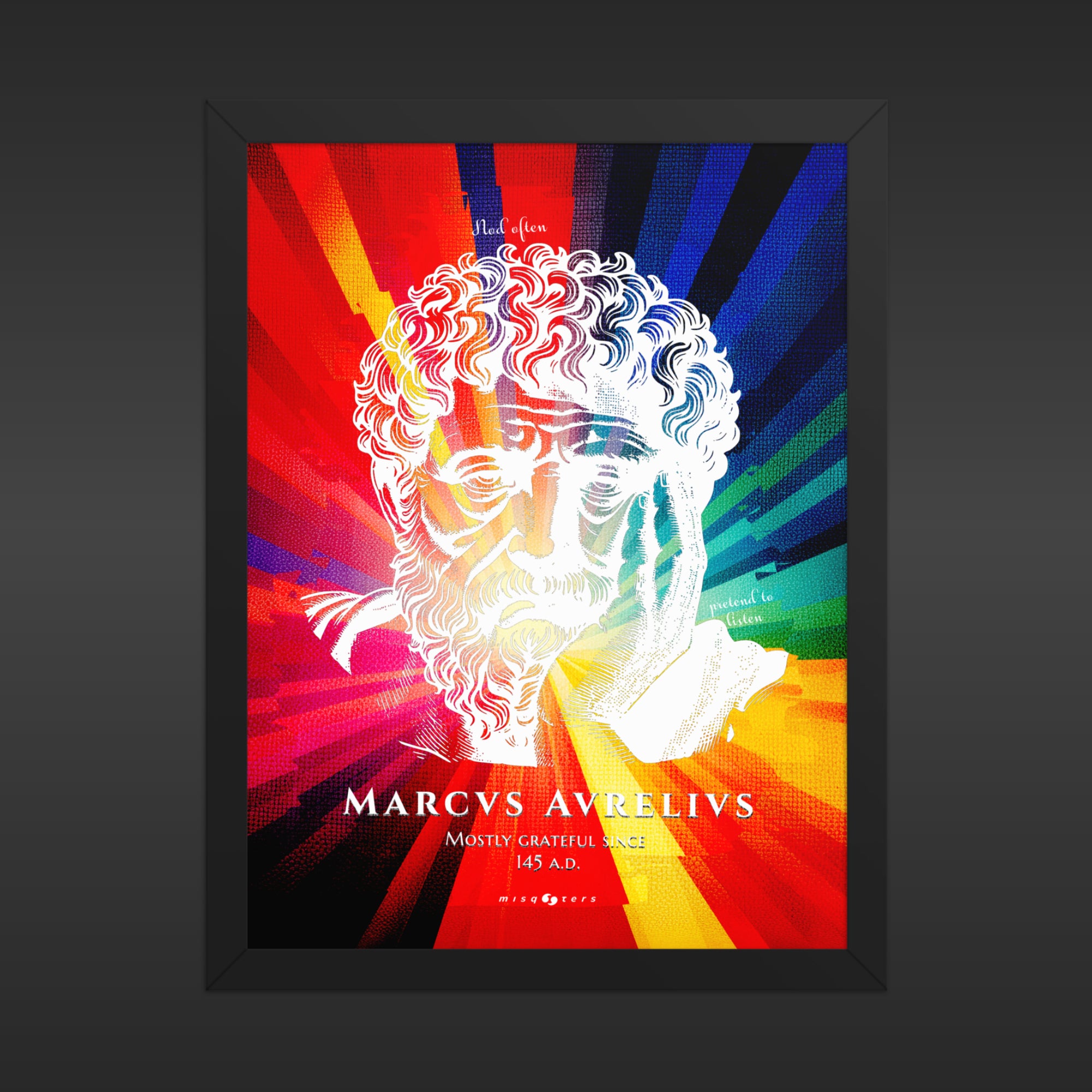 Framed poster of a classical bust with colorful abstract background