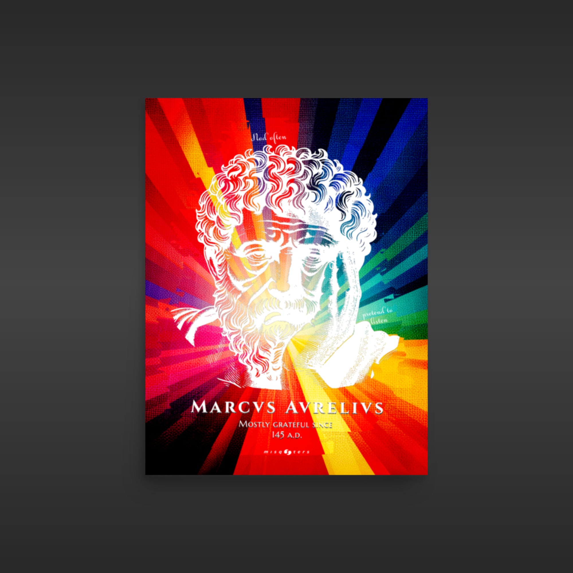 Poster with a stylized portrait of a historical figure against a colorful radial gradient background.