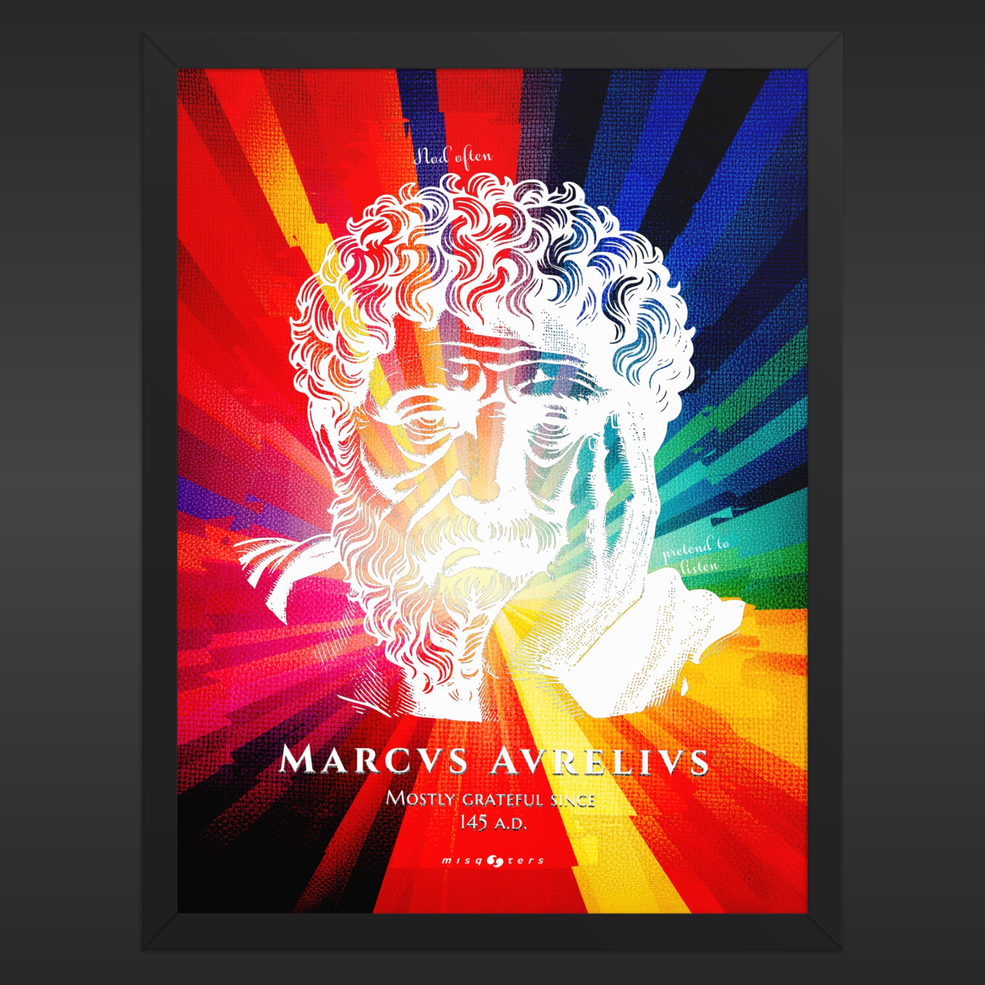 Framed poster with a colorful design of a classical head and text on a dark background