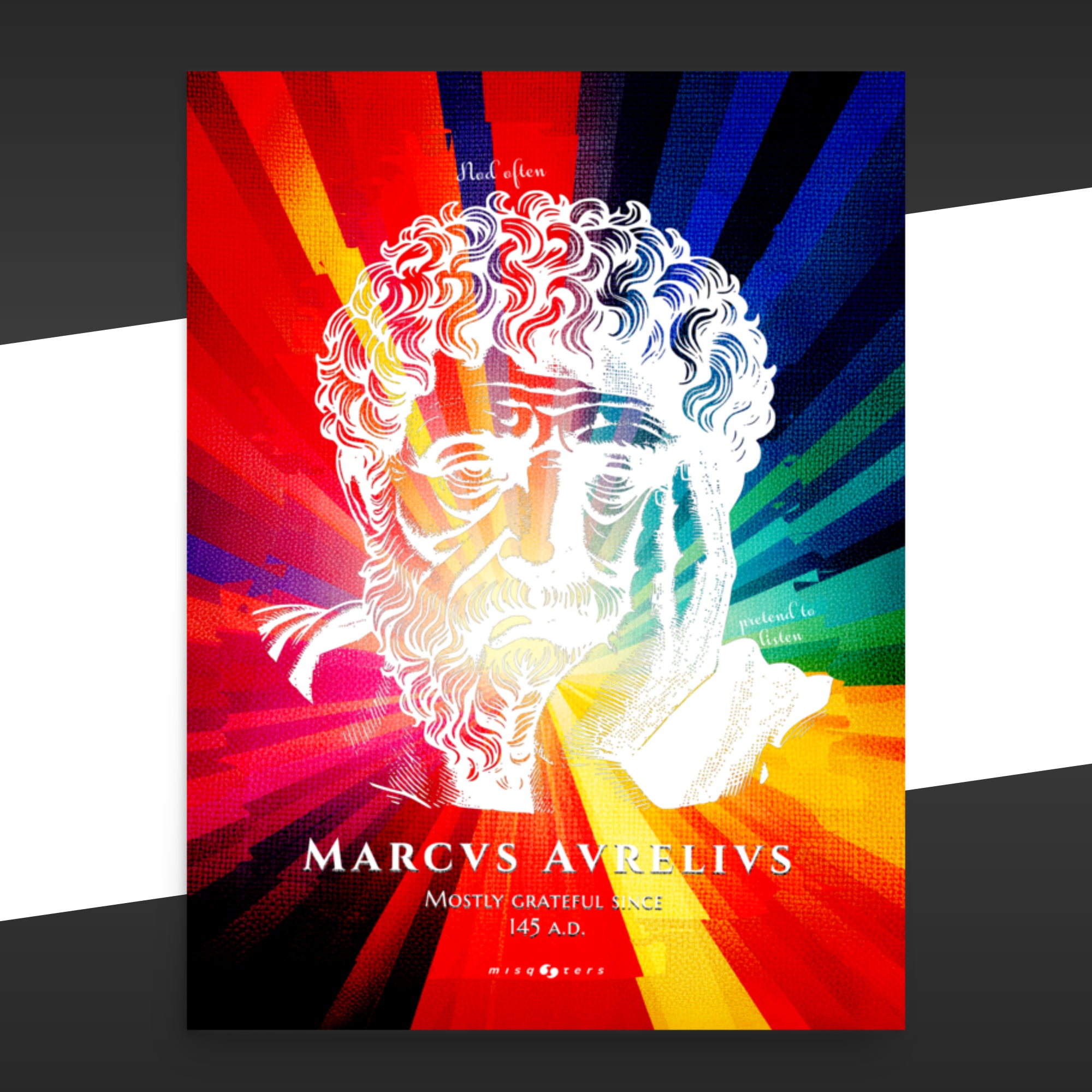Colorful poster with a classical bust design of Marcus Aurelius on it