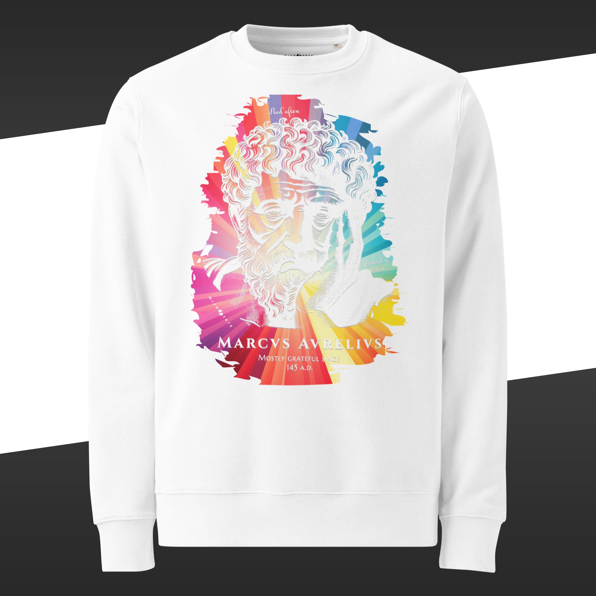 White sweatshirt with a multicolor graphic of Marcus Aurelius on it