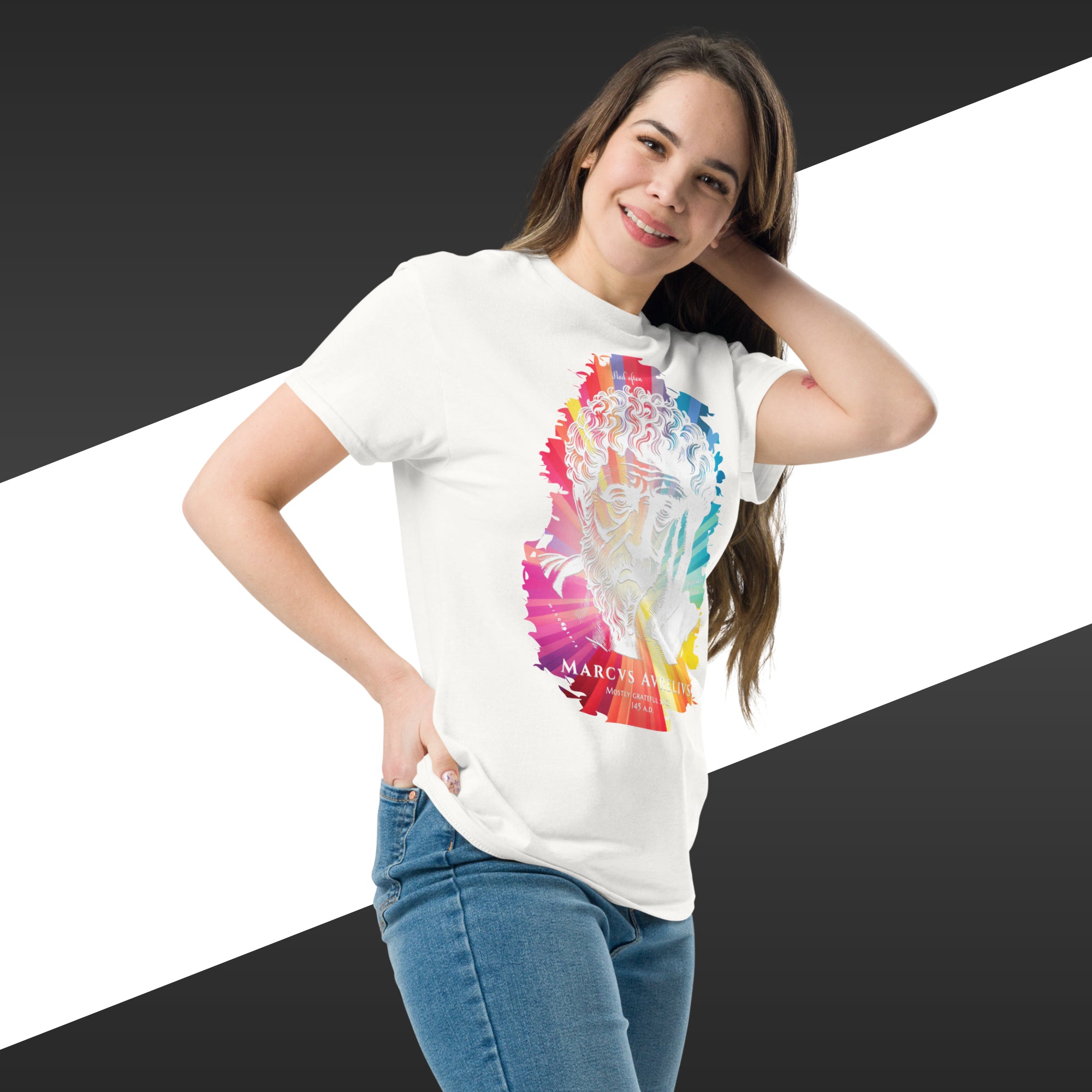 Woman wearing a white t-shirt with a colorful graphic design on a black and white background