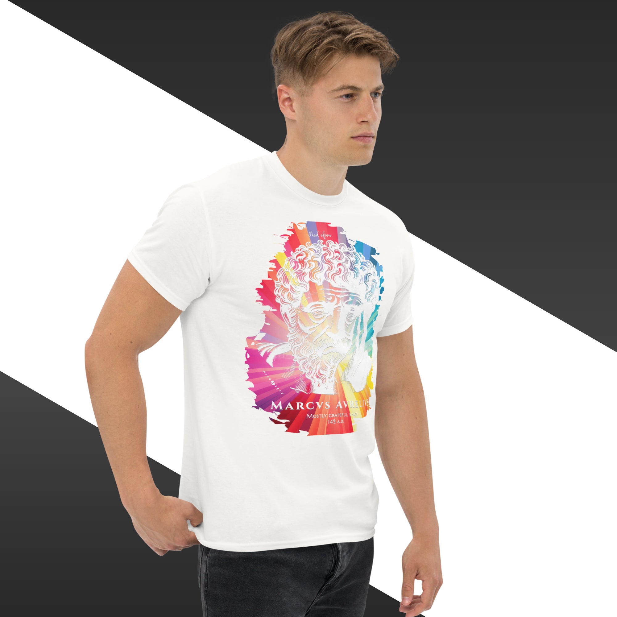 Person wearing a white t-shirt with a colorful graphic design on a black and white background