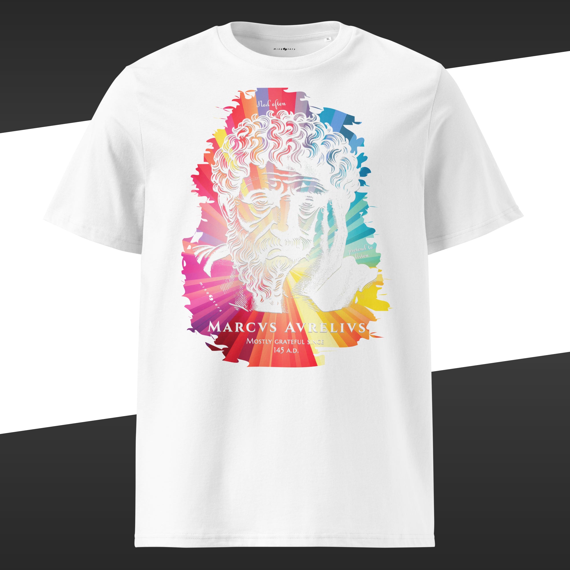 White wide t-shirt with a multicolor graphic of Marcus Aurelius on it