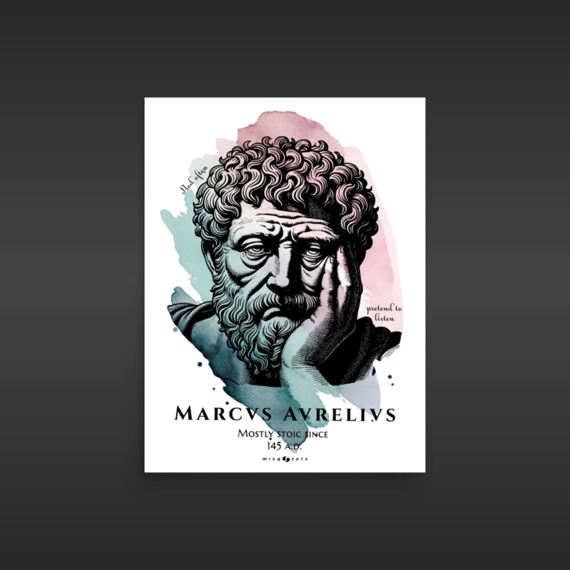 Illustration of Marcus Aurelius with artistic elements on a white background