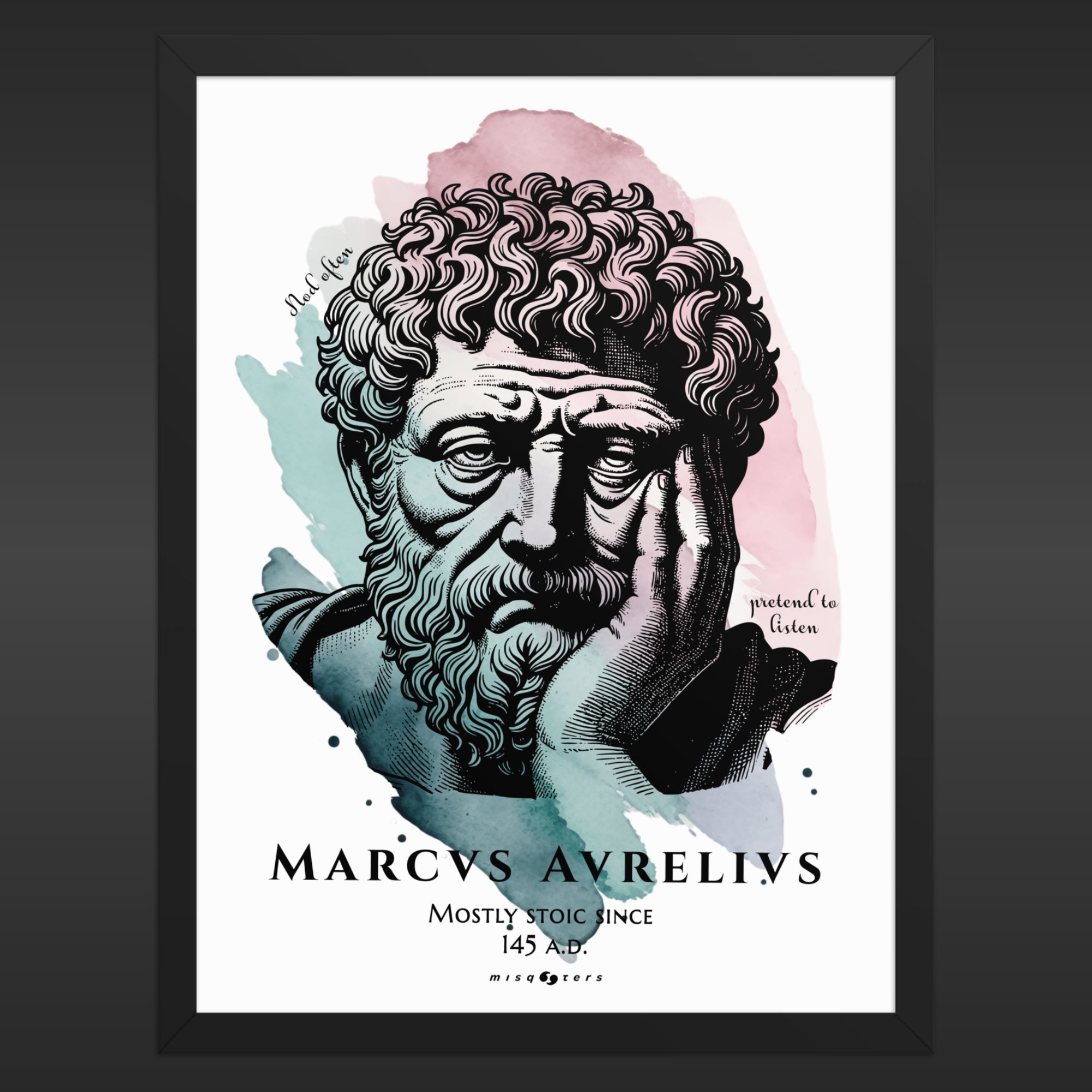 Framed poster of a classical bust with 'Marcus Aurelius' text on a white background